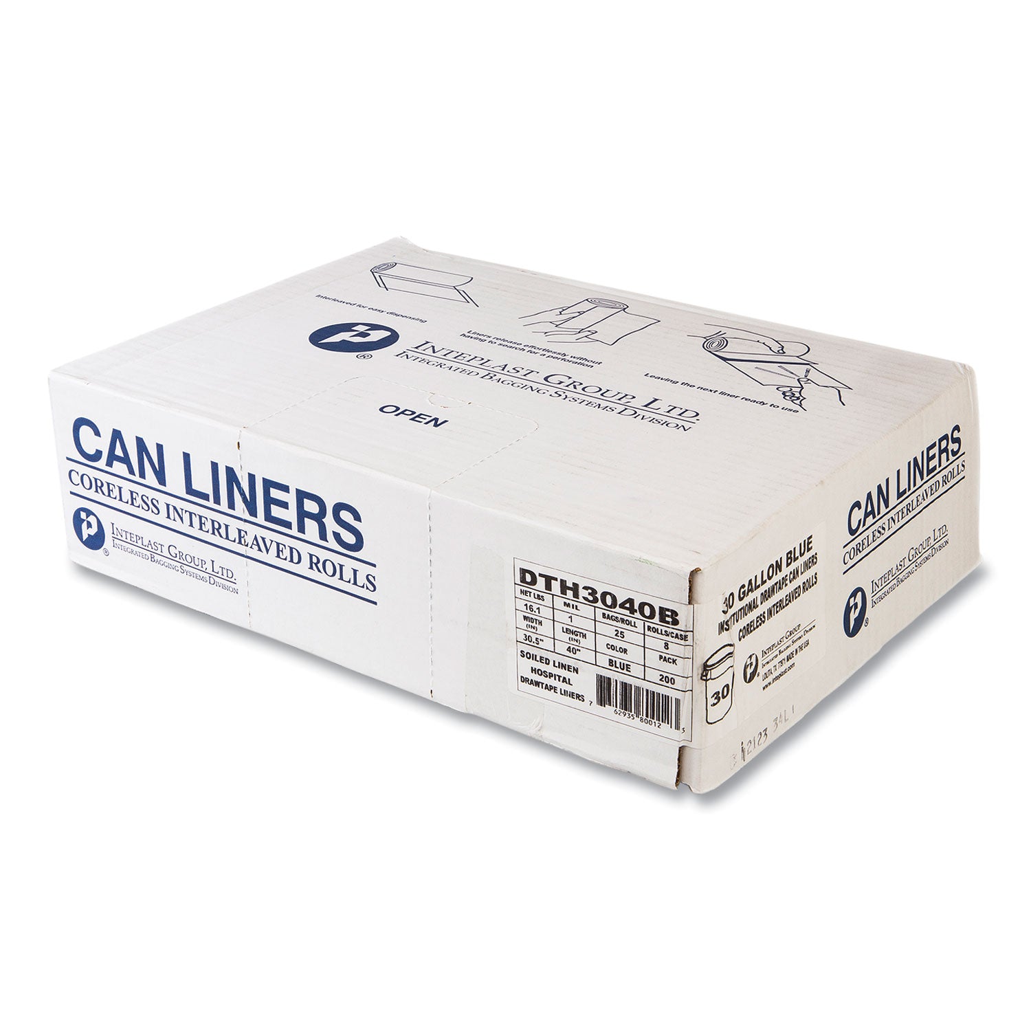Draw-Tuff Institutional Draw-Tape Can Liners, Drawstring, 30 gal, 1 mil, 30.5" x 40", Blue, 25 Bags/Roll, 8 Rolls/Carton