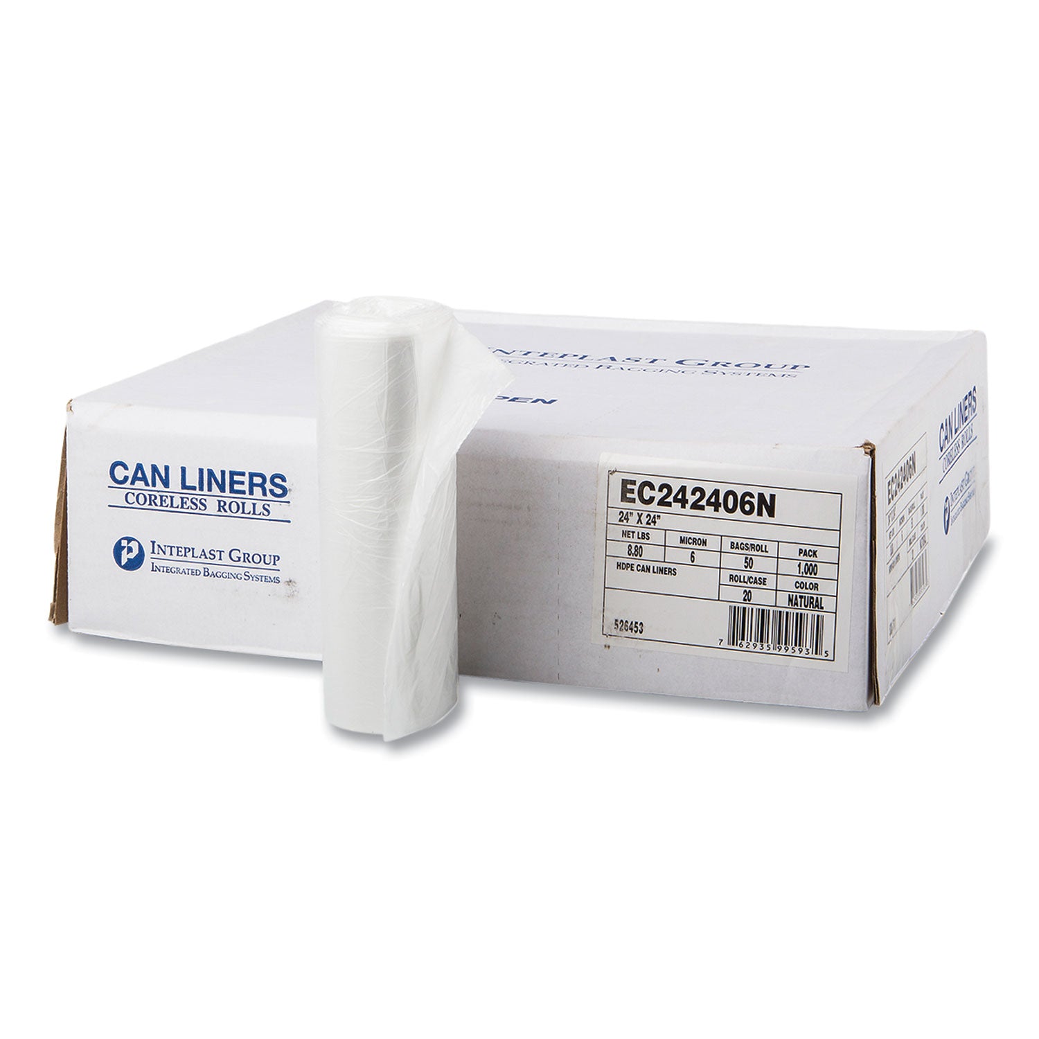 High-Density Commercial Can Liners, 10 gal, 6 mic, 24" x 24", Natural, Perforated Roll, 50 Bags/Roll, 20 Rolls/Carton