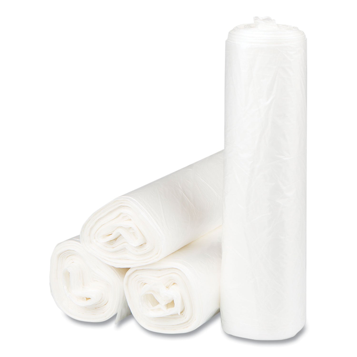 High-Density Commercial Can Liners, 10 gal, 8 mic, 24" x 24", Natural, Interleaved Roll, 50 Bags/Roll, 20 Rolls/Carton