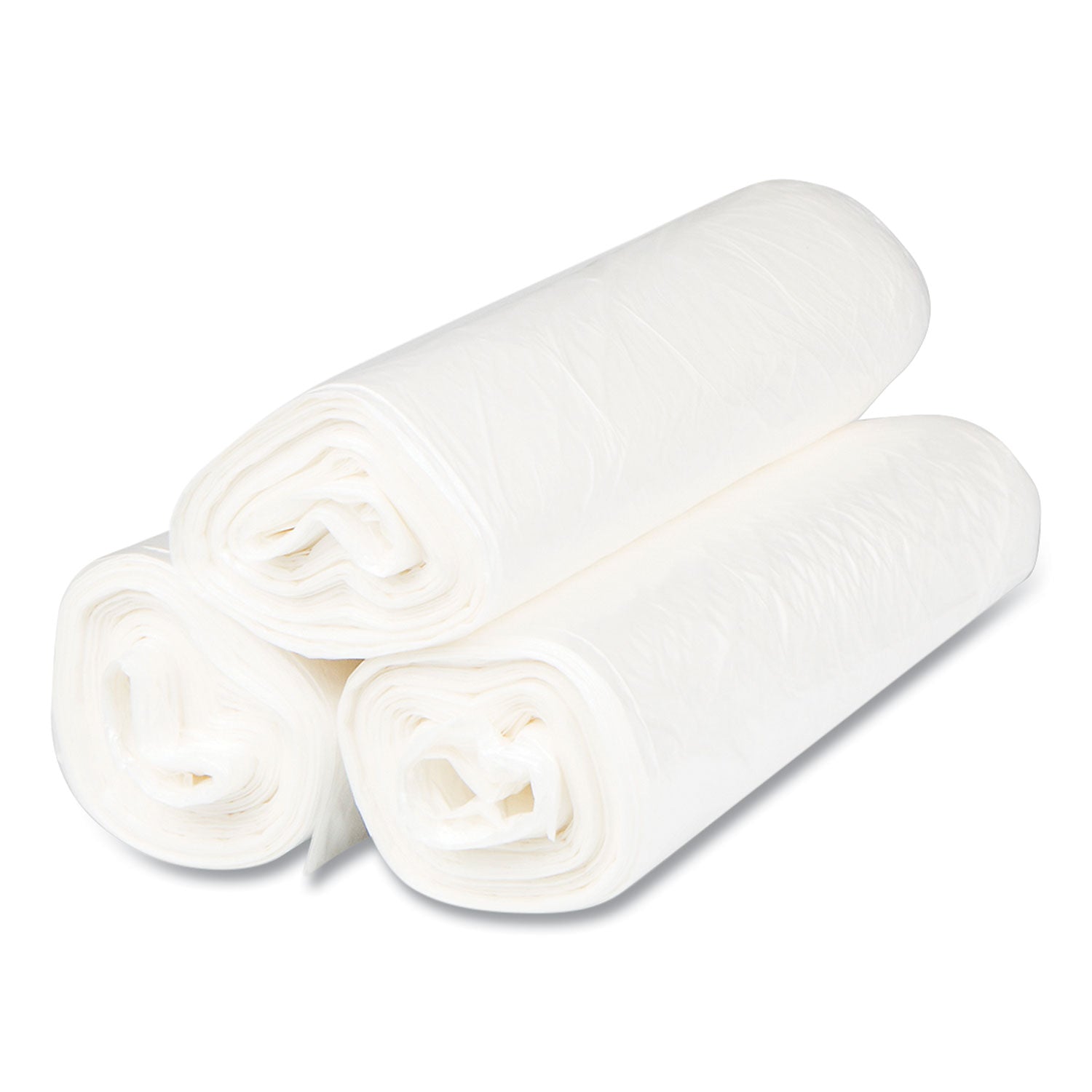 High-Density Commercial Can Liners, 10 gal, 8 mic, 24" x 24", Natural, Interleaved Roll, 50 Bags/Roll, 20 Rolls/Carton