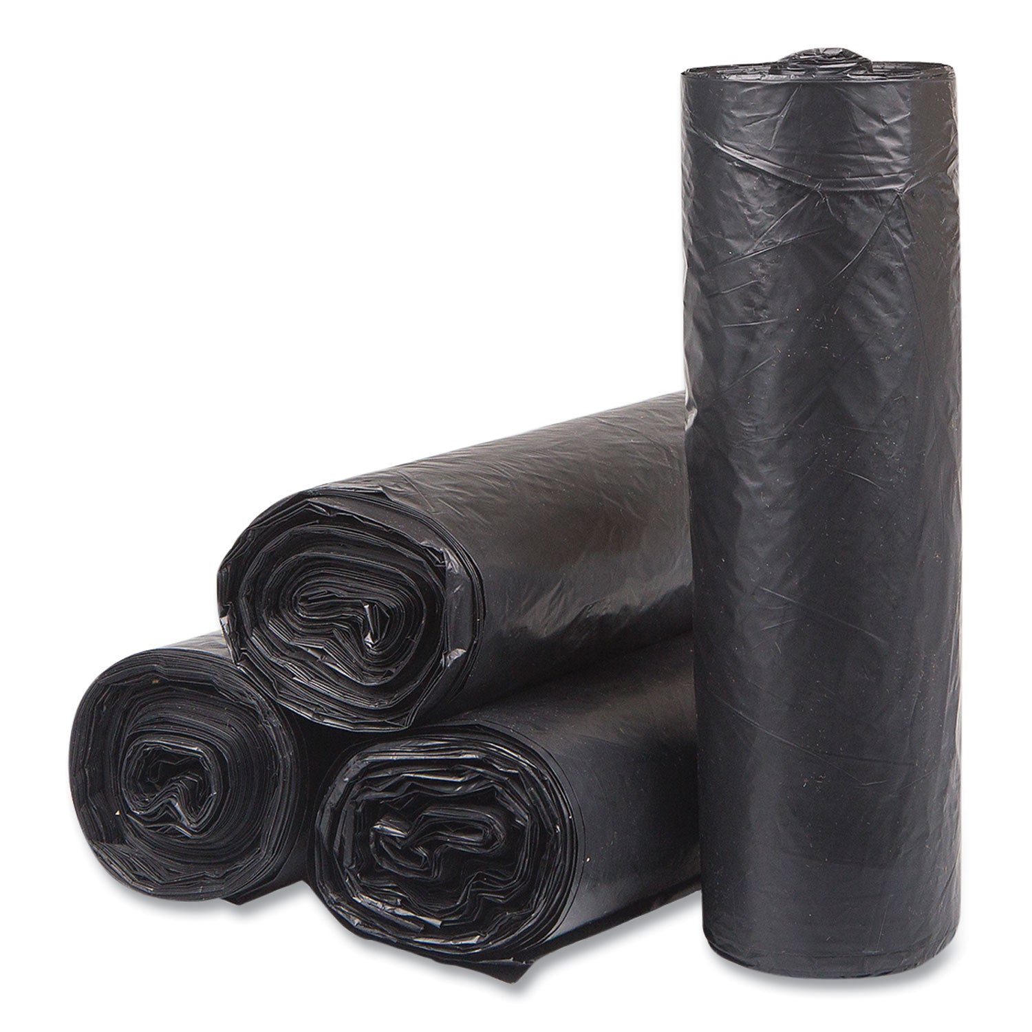 High-Density Commercial Can Liners, 33 gal, 16 mic, 33" x 40", Black, Interleaved Roll, 25 Bags/Roll, 10 Rolls/Carton