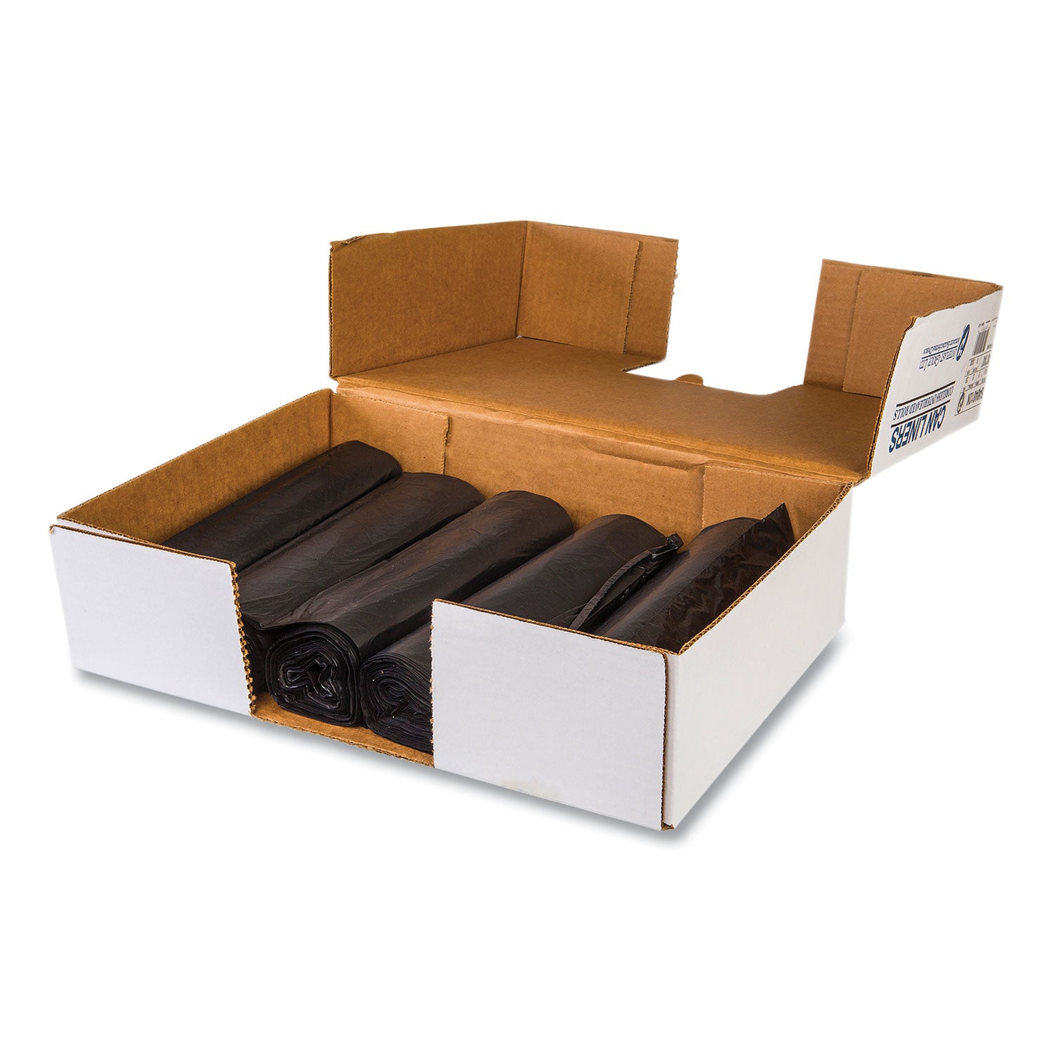 High-Density Commercial Can Liners, 45 gal, 12 mic, 40" x 48", Black, Interleaved Roll, 25 Bags/Roll, 10 Rolls/Carton