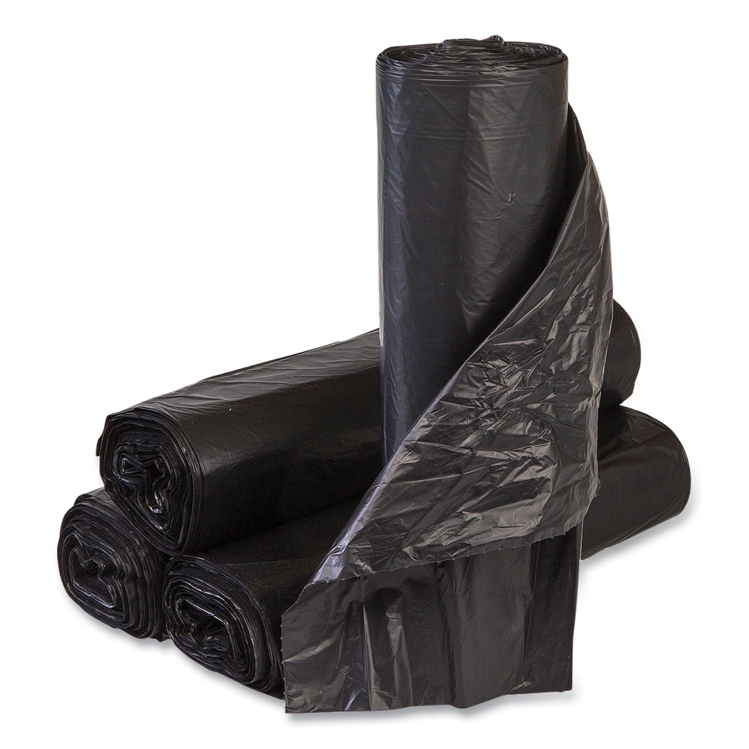High-Density Commercial Can Liners, 45 gal, 12 mic, 40" x 48", Black, Interleaved Roll, 25 Bags/Roll, 10 Rolls/Carton