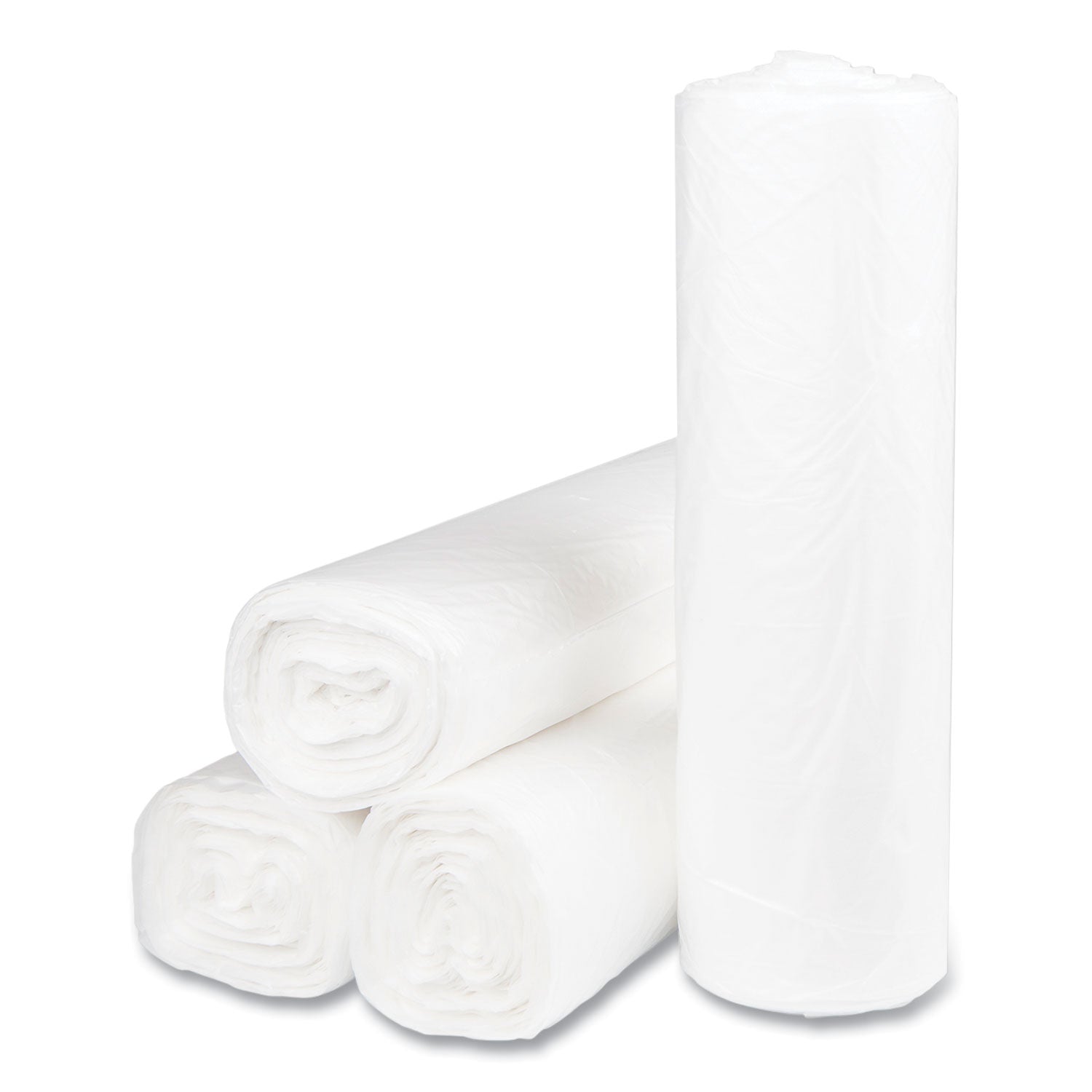 High-Density Commercial Can Liners, 45 gal, 14 mic, 40" x 48", Clear, Interleaved Roll, 25 Bags/Roll, 10 Rolls/Carton