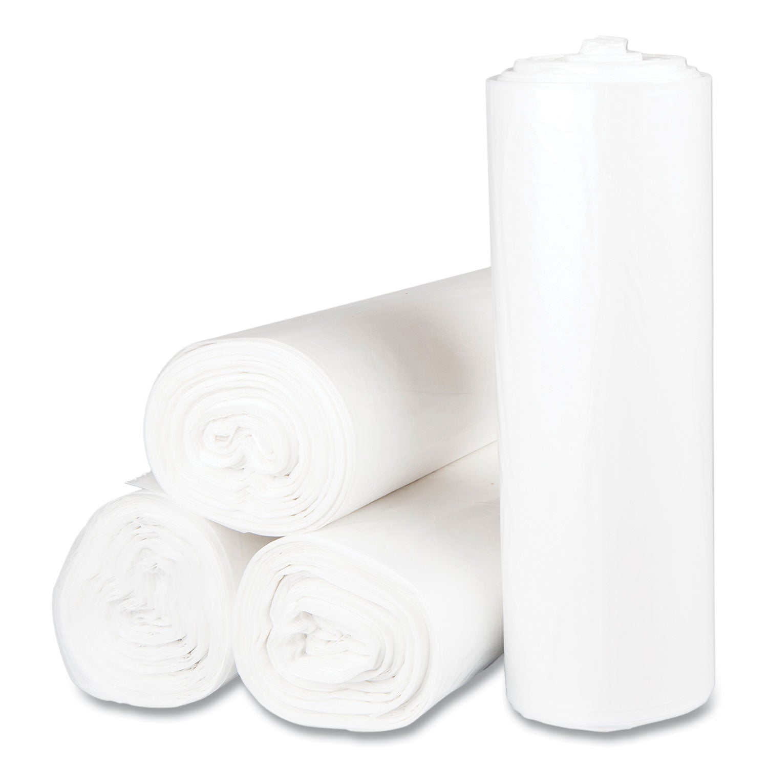 High-Density Commercial Can Liners, 56 gal, 17 mic, 43" x 48", Clear, Interleaved Roll, 25 Bags/Roll, 8 Rolls/Carton