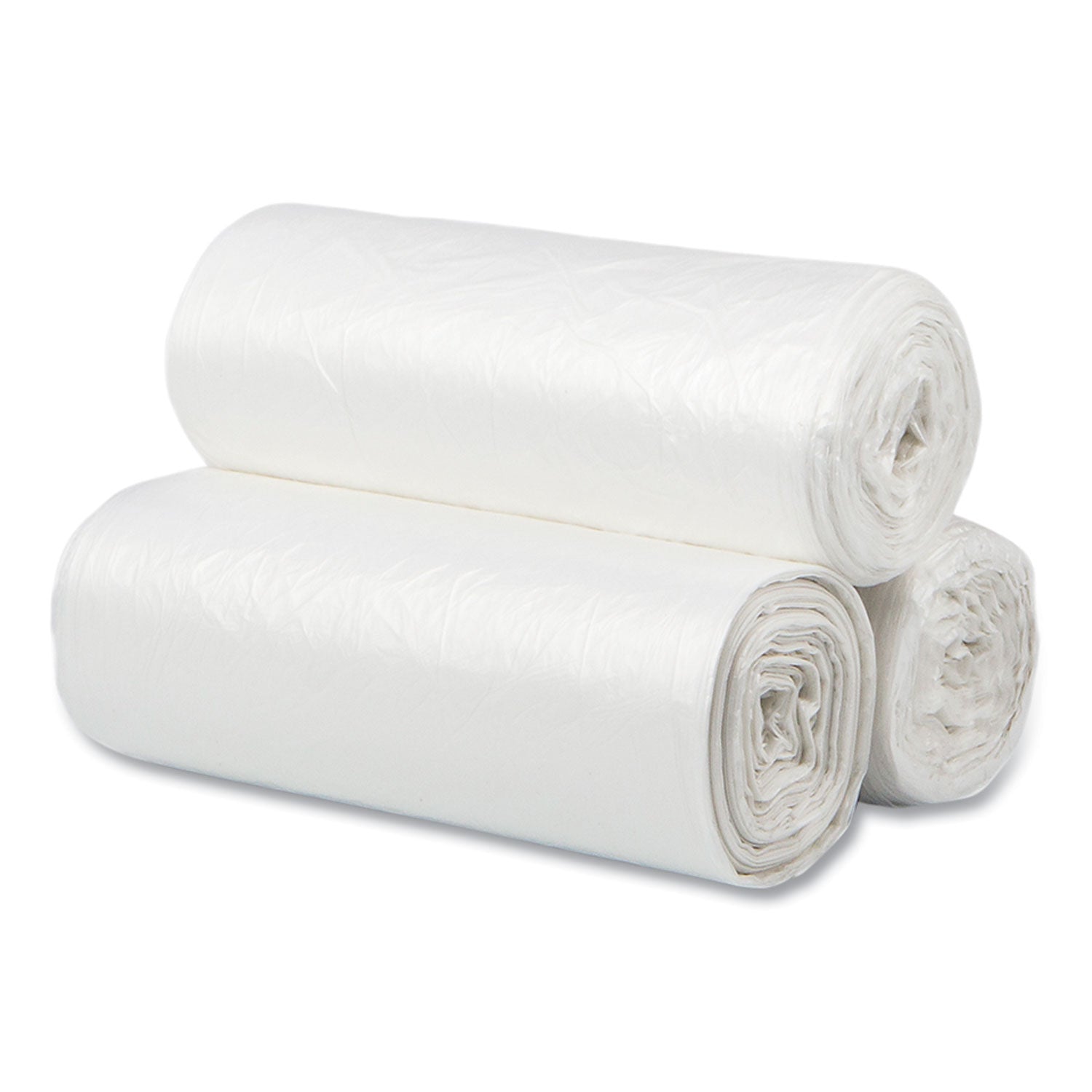 High-Density Commercial Can Liners, 10 gal, 5 mic, 24" x 24", Natural, Perforated Roll, 50 Bags/Roll, 20 Rolls/Carton