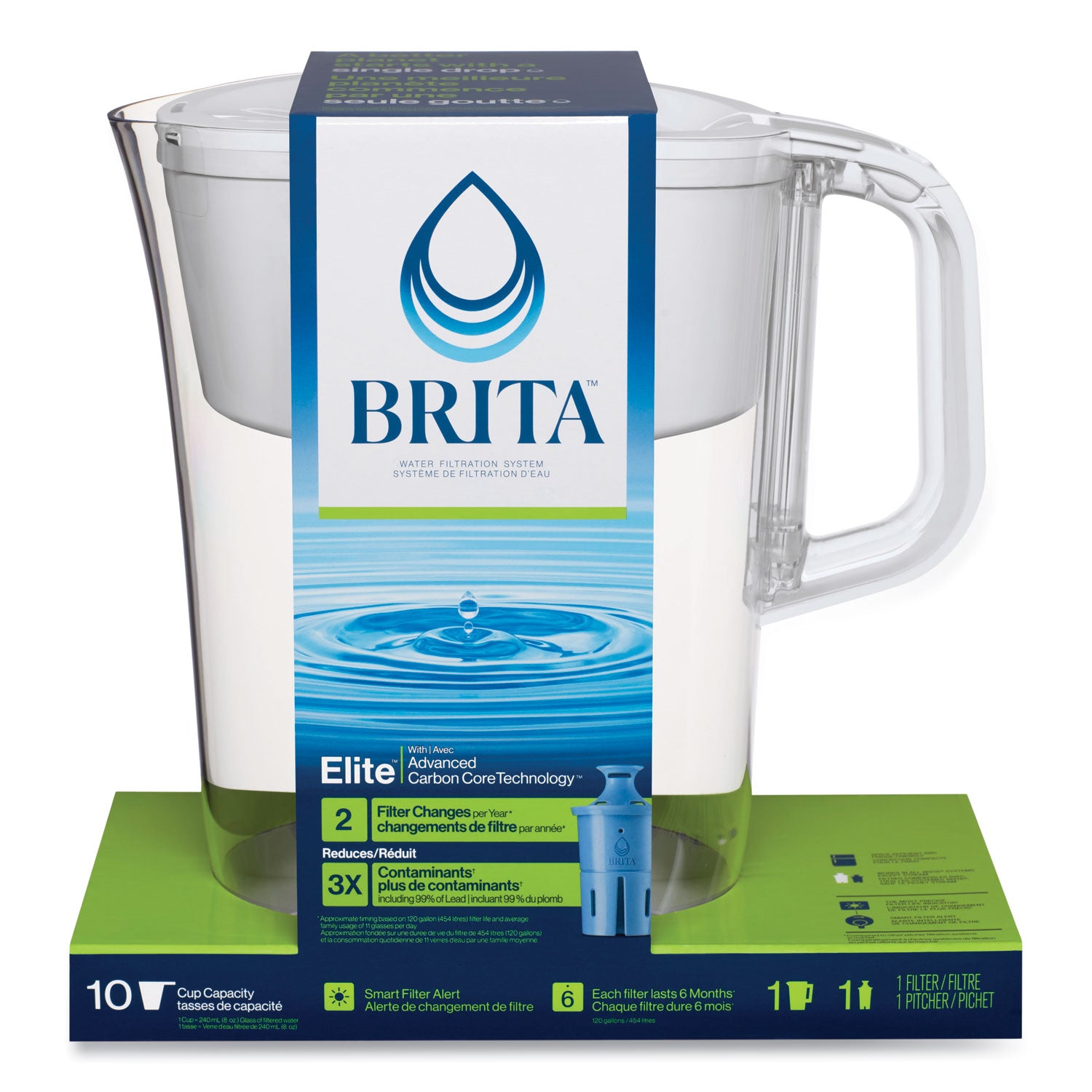 Tahoe Water Pitcher with Elite Filter, 10 Cups, Bright White, 2/Carton