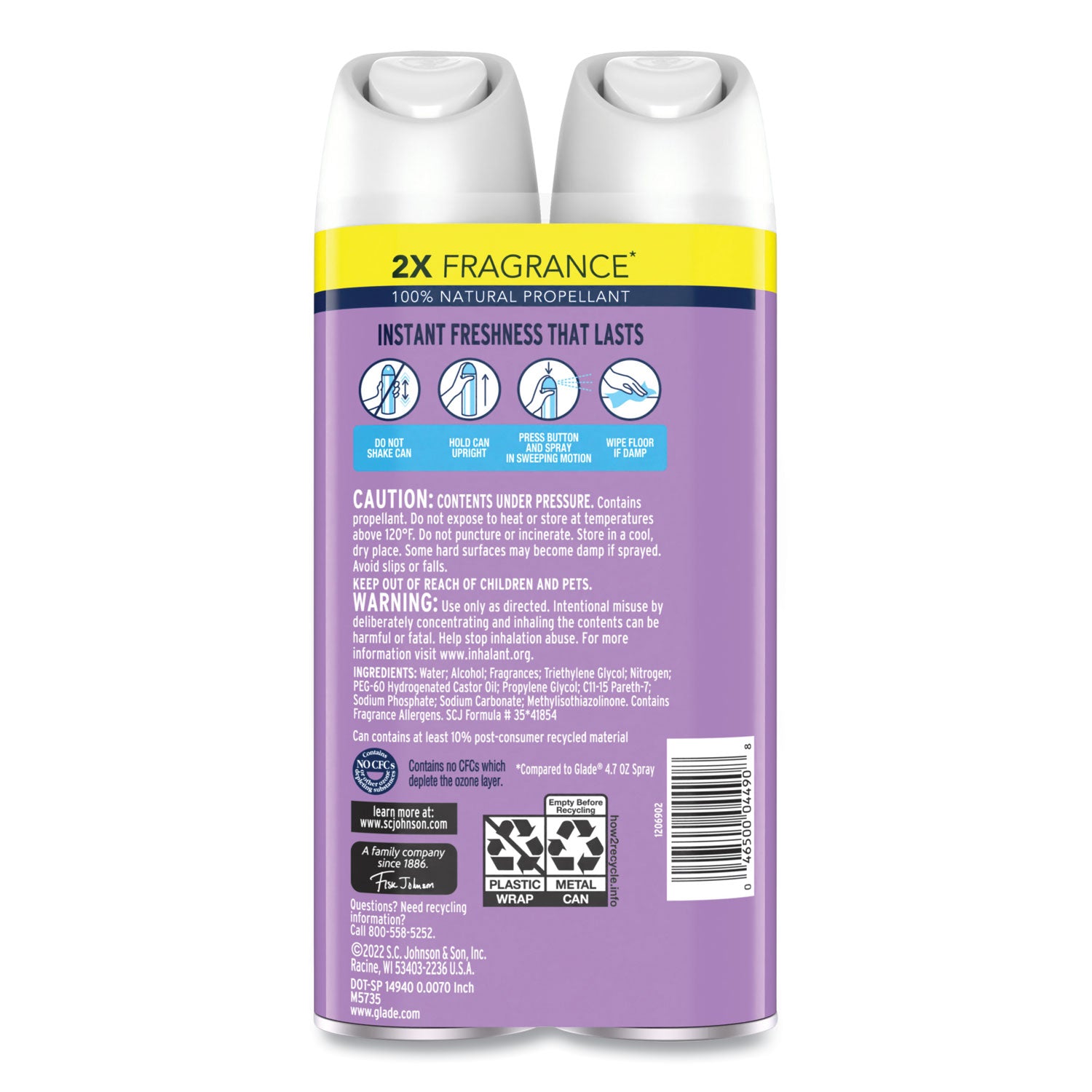 Glade Air Freshener Spray - Aerosol - 8.3 fl oz (0.3 quart) - Lavender, Vanilla - Odor Neutralizer, Ozone-safe, CFC-free - 2/Pack - 6 / Carton