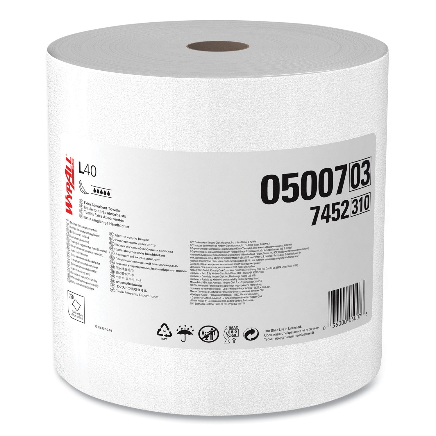 Wypall PowerClean L40 Extra Absorbent Towels - 12.20" Width x 12.40" Length - 750 Sheets/Roll - White, Blue - Cellulose - 1 Roll