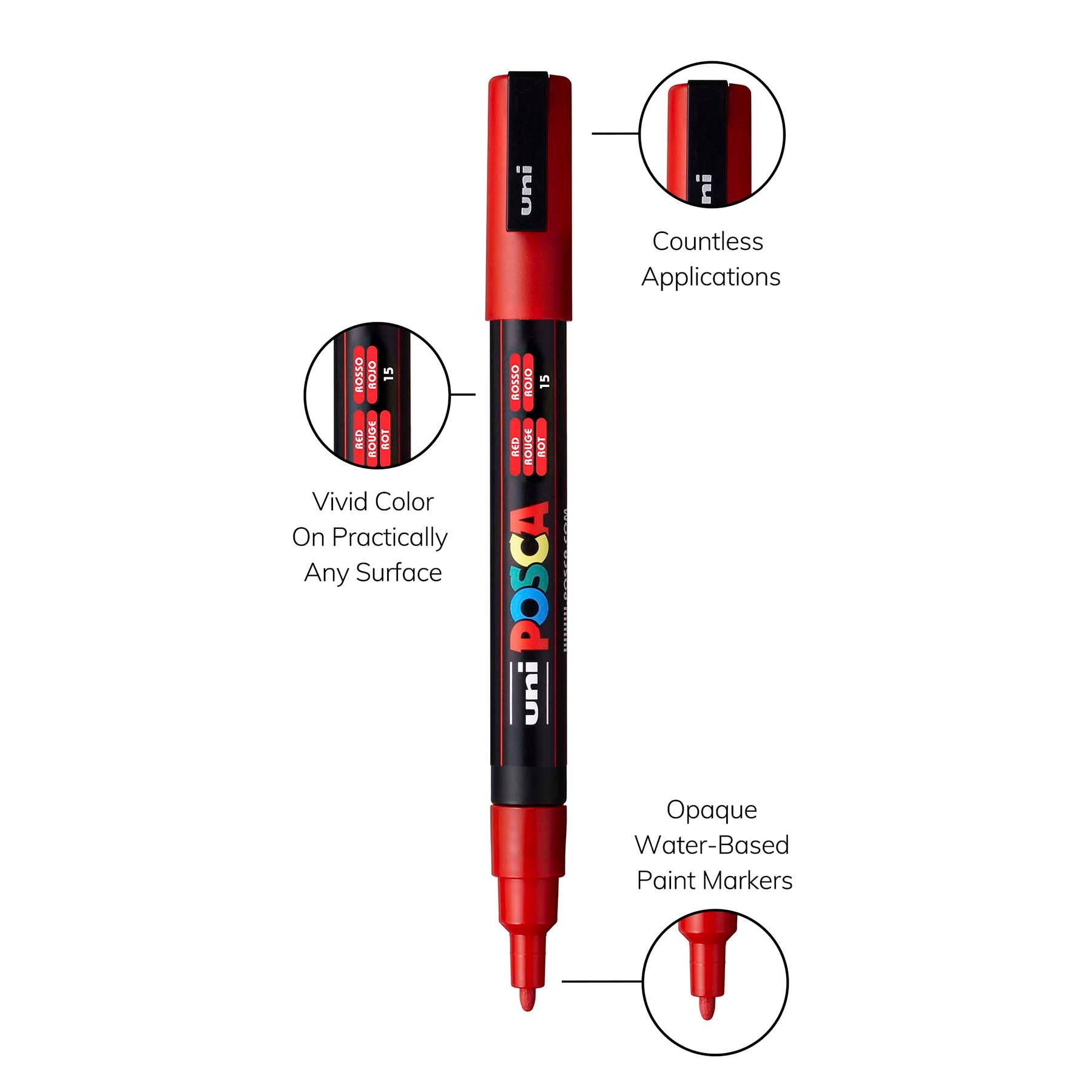 uni® POSCA PC-3M Water-Based Paint Markers, Reversible Fine Tip (0.9-1.3mm), Red