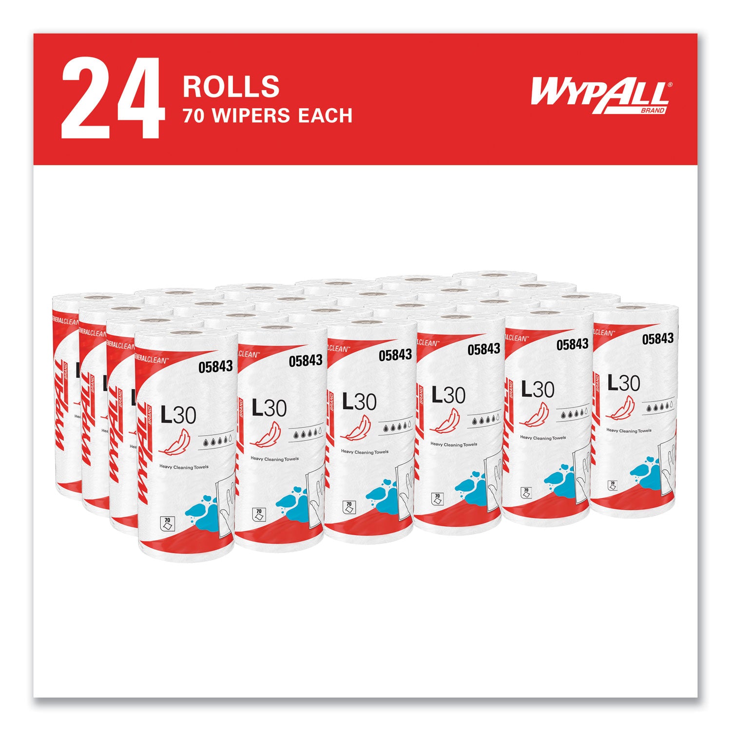 Wypall GeneralClean L30 Heavy Cleaning Towels - 11" Width x 10.40" Length - 70 Sheets/Roll - White - 70/Roll - 1 Each