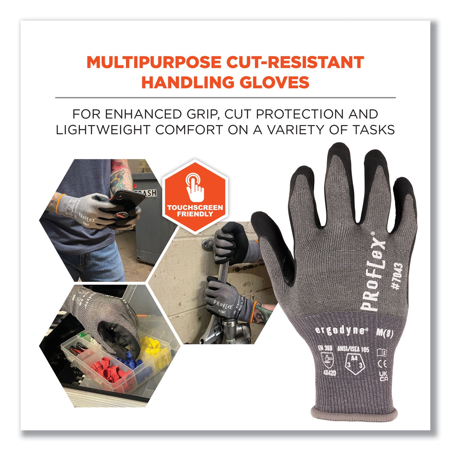 Ergodyne ProFlex 7043 Nitrile-Coated Cut-Resistant Gloves, Medium, Gray, Touchscreen Capable, ANSI A4 Cut Level, 18-Gauge HPPE/Nylon Spandex, 2 Pairs per Pack