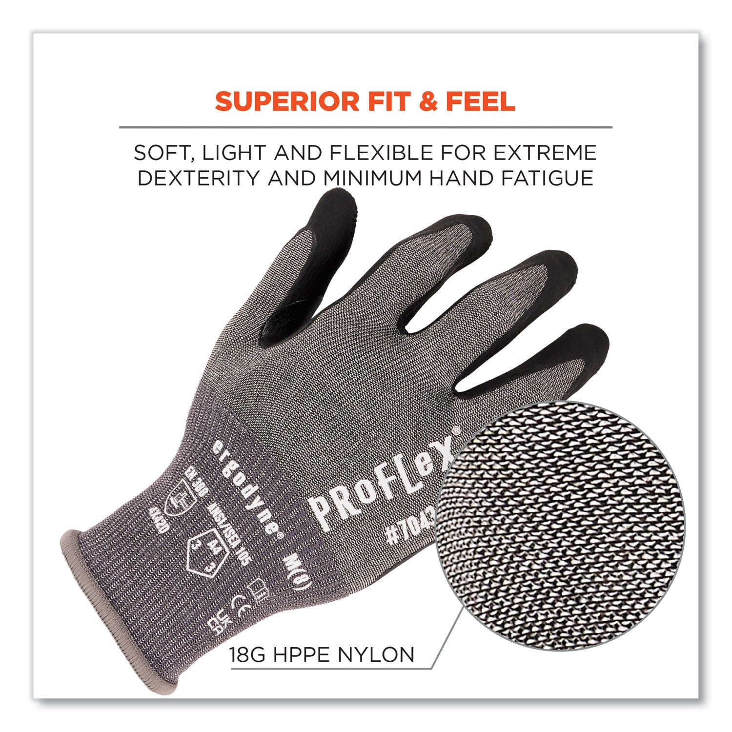Ergodyne ProFlex 7043 Nitrile-Coated Cut-Resistant Gloves, XXL, Gray, HPPE/Nylon Spandex, 18-Gauge, Touchscreen Capable, Machine Washable, 2 Pairs per Pack