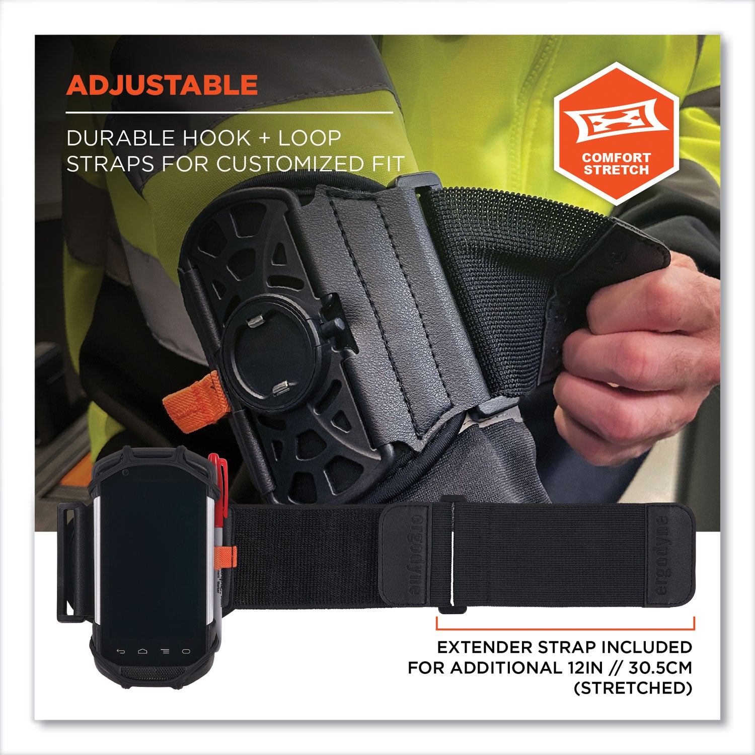 Ergodyne Squids 5545 Wrist Mount, Black, Landscape/Portrait Orientation, 360° Rotation, Flexible Fit, Includes Extended Strap, 1 Each