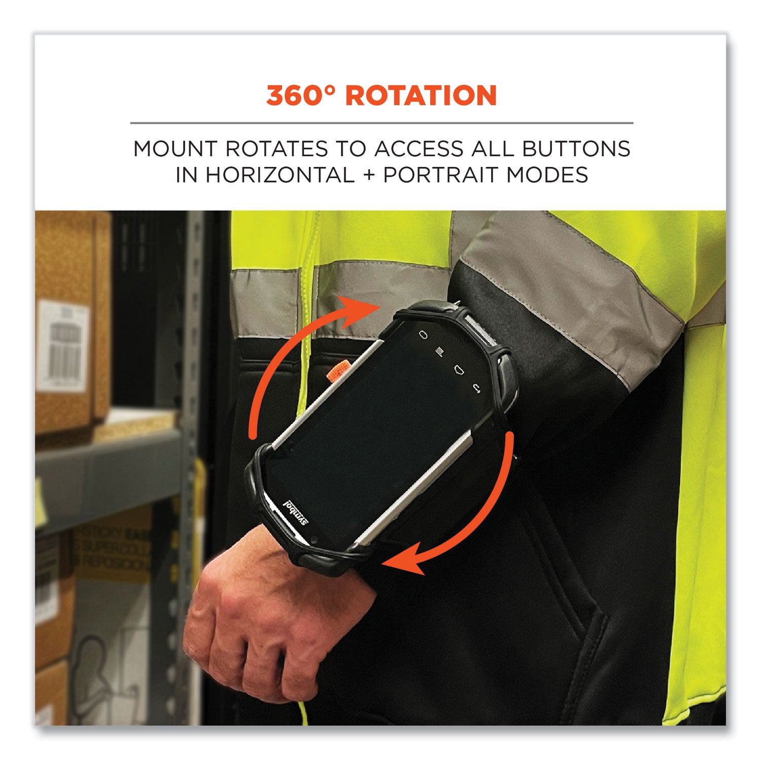 Ergodyne Squids 5545 Wrist Mount, Black, Landscape/Portrait Orientation, 360° Rotation, Flexible Fit, Includes Extended Strap, 1 Each