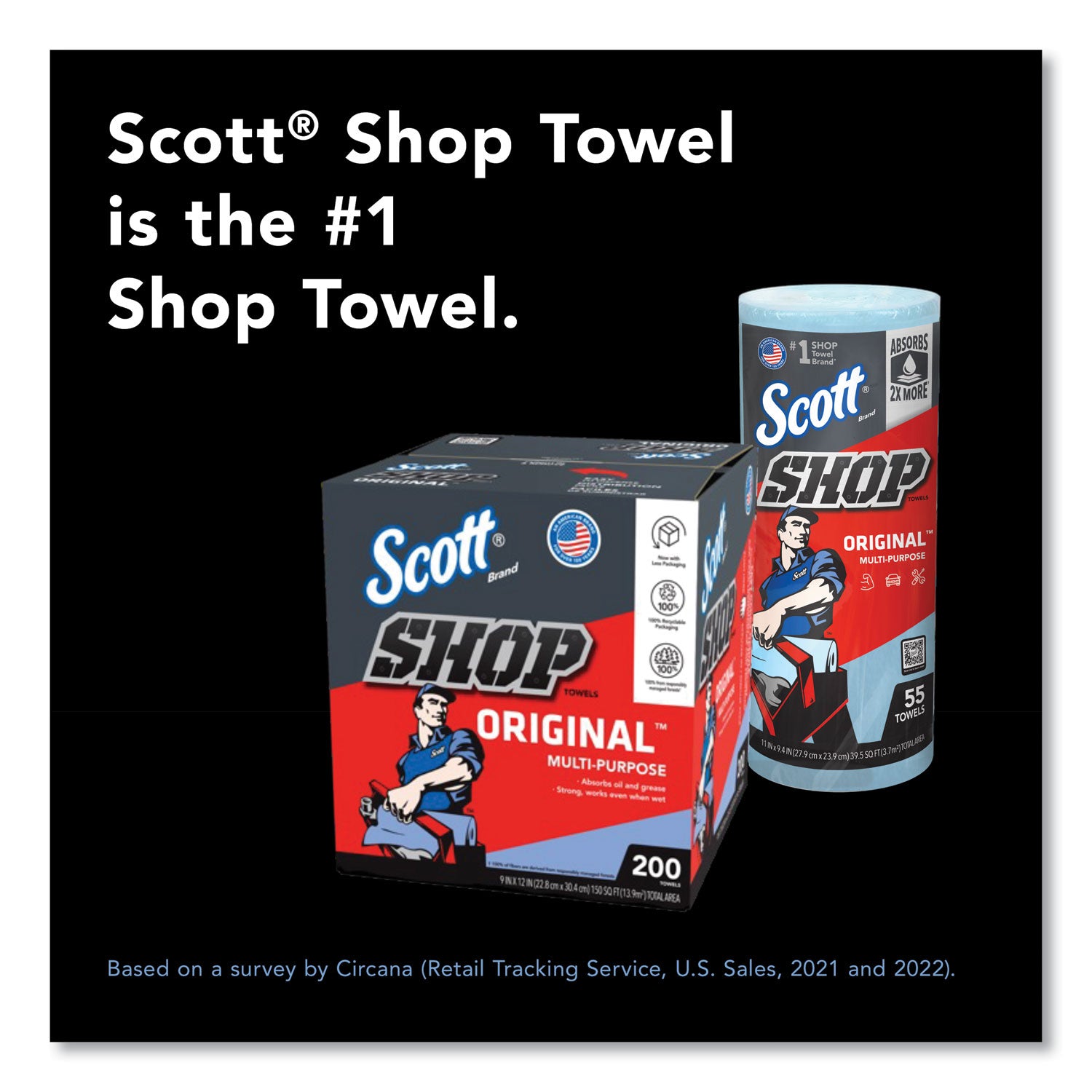 Scott Original Shop Towels - Fresh - 9.40" Width x 11" Length - 55 Sheets/Roll - Blue - 1 Roll
