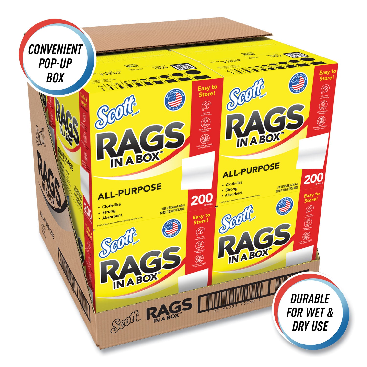 Rags In A Box, POP-UP Box, 12 X 9, White, 200/Box, 8 Boxes/Carton