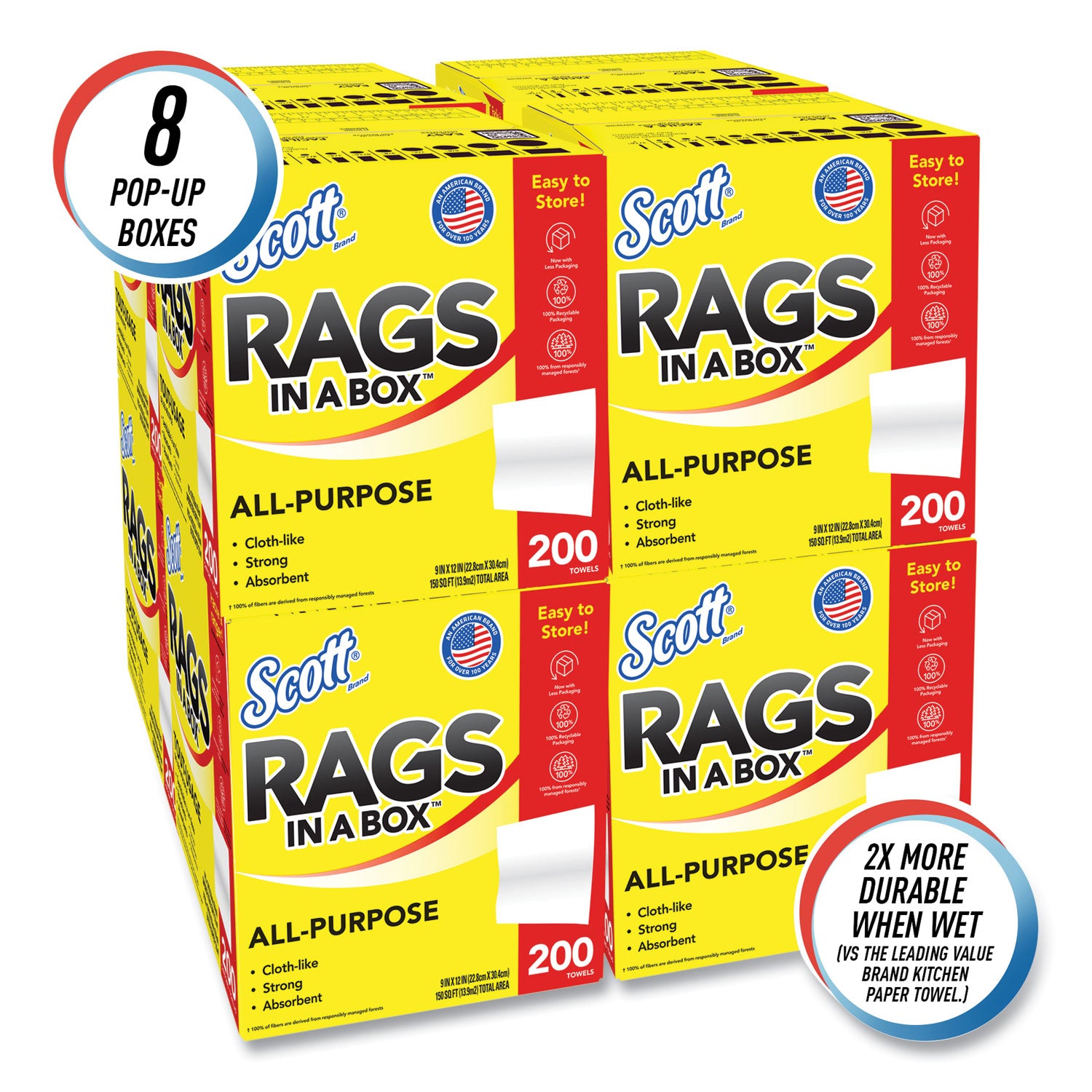 Rags In A Box, POP-UP Box, 12 X 9, White, 200/Box, 8 Boxes/Carton