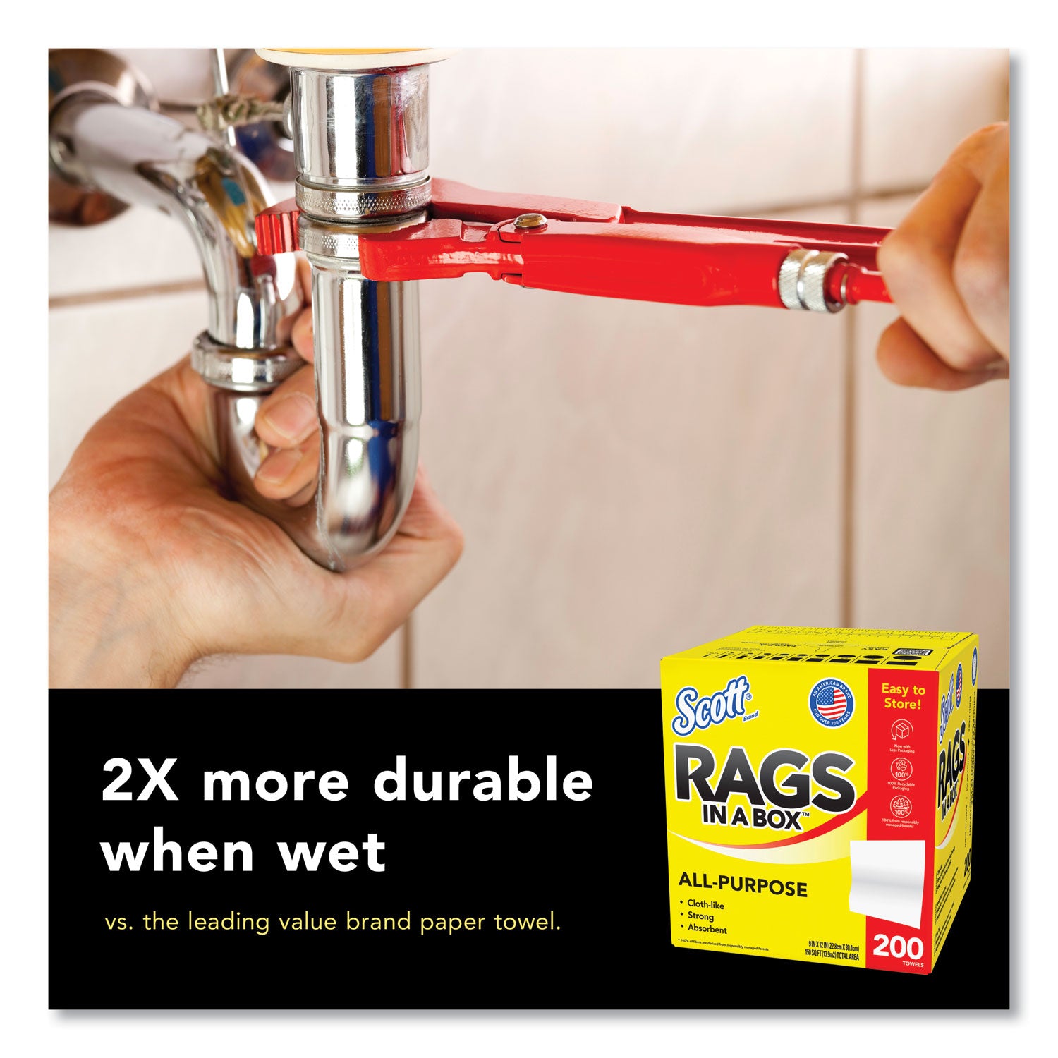 Rags In A Box, POP-UP Box, 12 X 9, White, 200/Box, 8 Boxes/Carton
