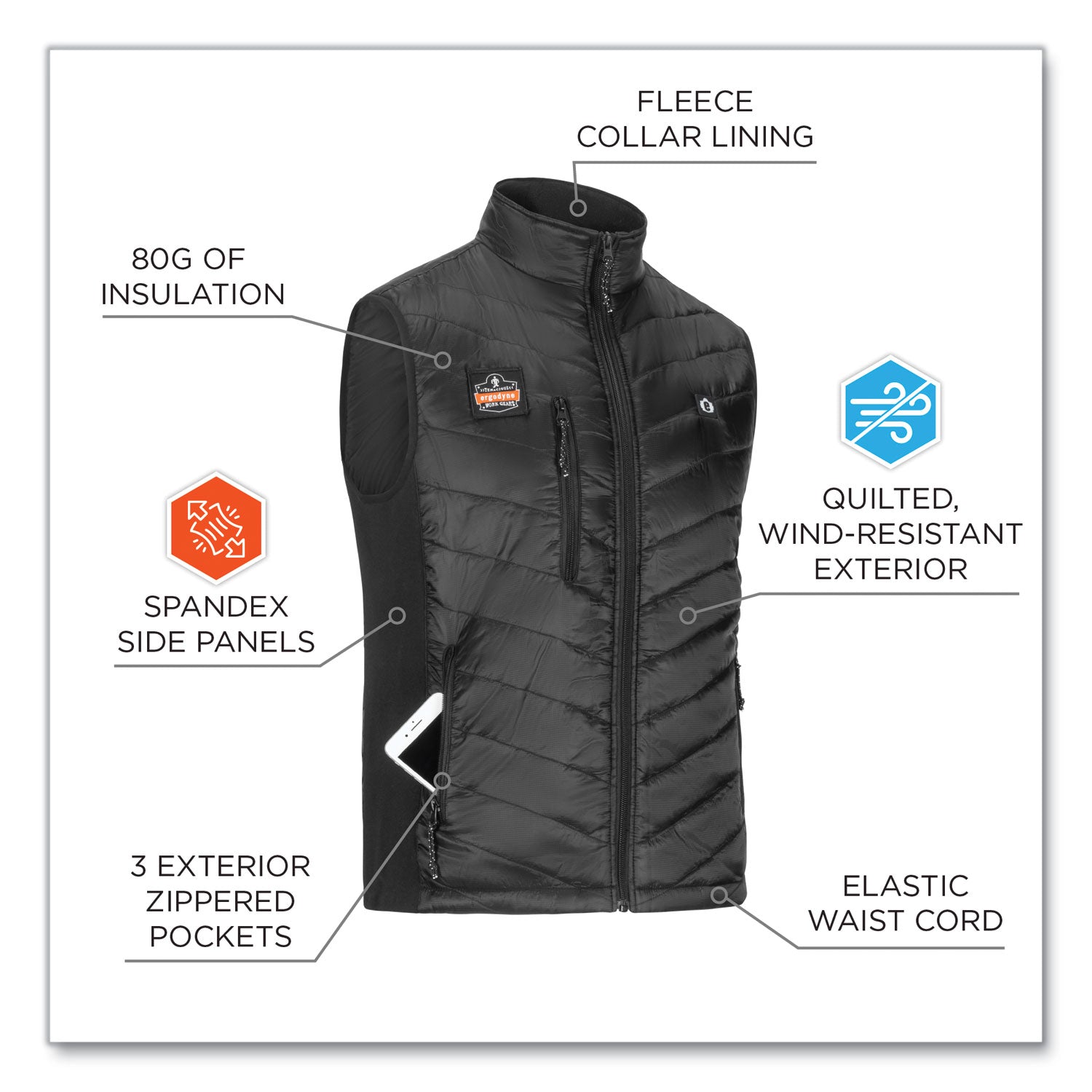 Ergodyne N-Ferno 6495 Rechargeable Heated Vest, 3XL, 51.5" Waist, Black, Polyester/Spandex, Zipper Closure, 5 Pockets, Insulated, Lightweight, Breathable, Adjustable, 1 Each