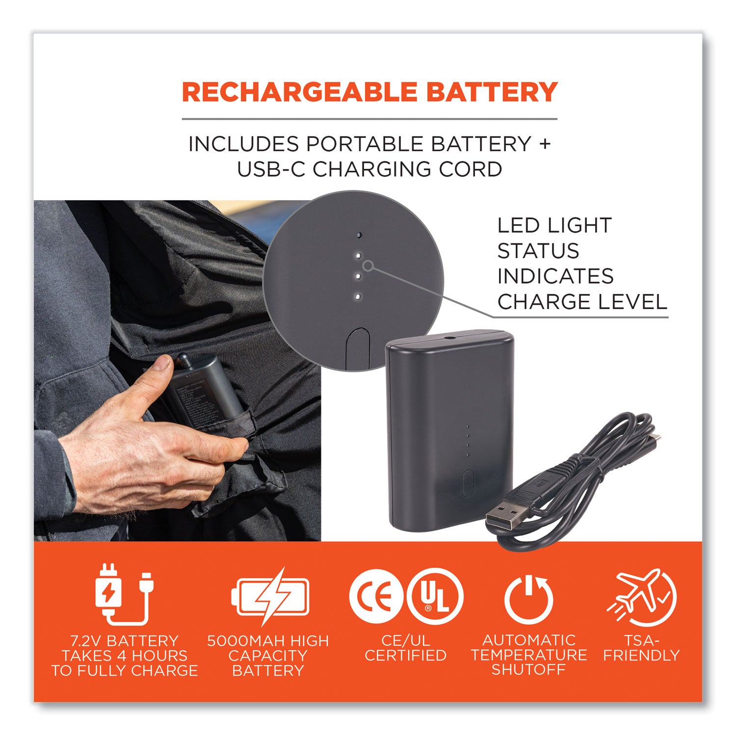 Ergodyne N-Ferno 6495 Rechargeable Heated Vest, 4XL, 53" Waist, Black, Polyester/Spandex, 5 Pockets, Zipper Closure, Insulated, Lightweight, Breathable, Adjustable, 1 Each