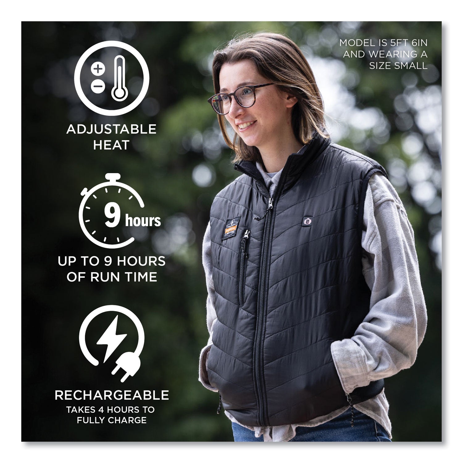 Ergodyne N-Ferno 6495 Rechargeable Heated Vest, XX-Large, 50" Waist, Black, 5 Pockets, Insulated, Lightweight, Breathable, Adjustable, Machine Washable, Wind Resistant, 1 Each