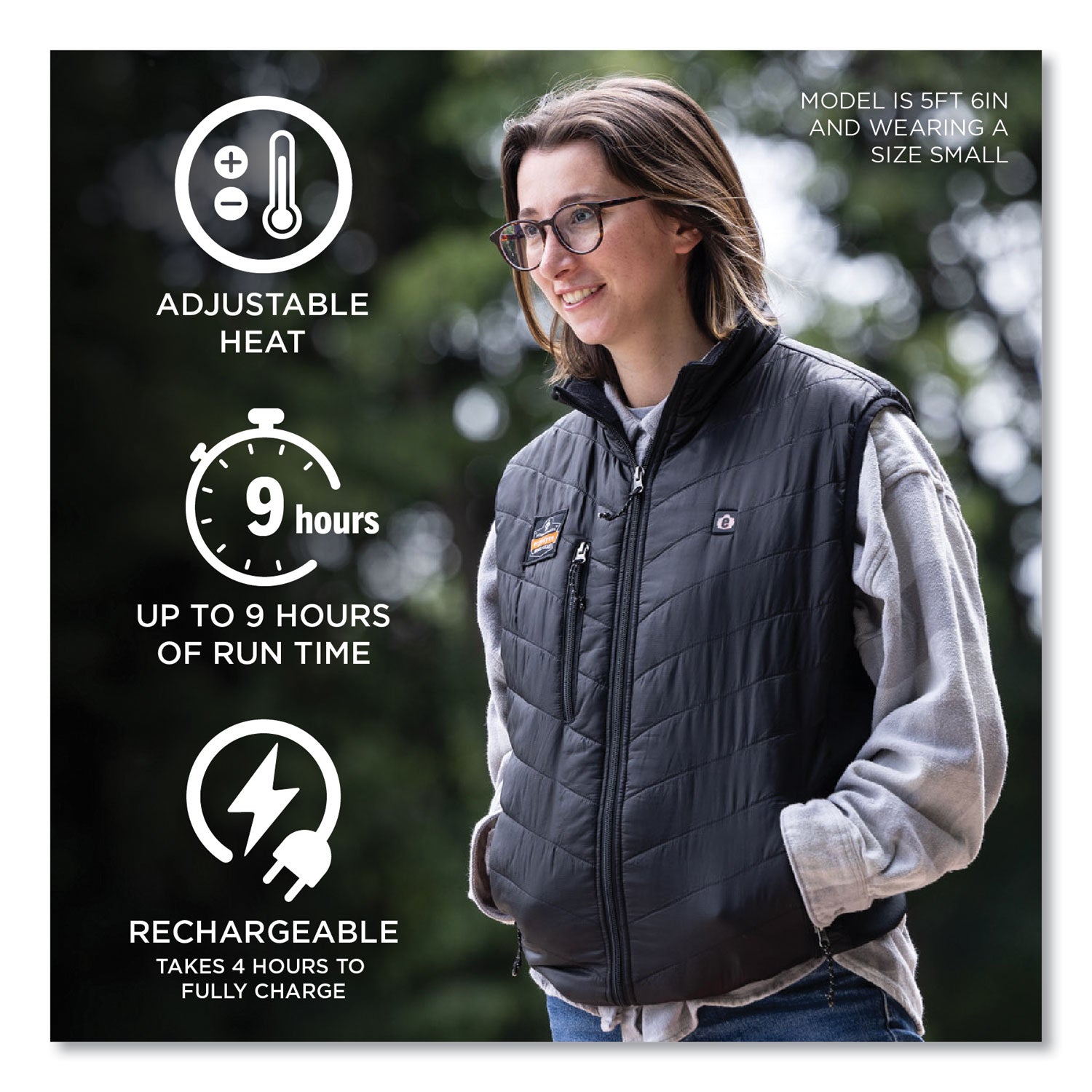 Ergodyne N-Ferno 6495 Rechargeable Heated Vest, Medium, Black, 45.5" Waist, 5 Pockets, Insulated, Lightweight, Breathable, Adjustable, Machine Washable, Wind Resistant, 1 Each
