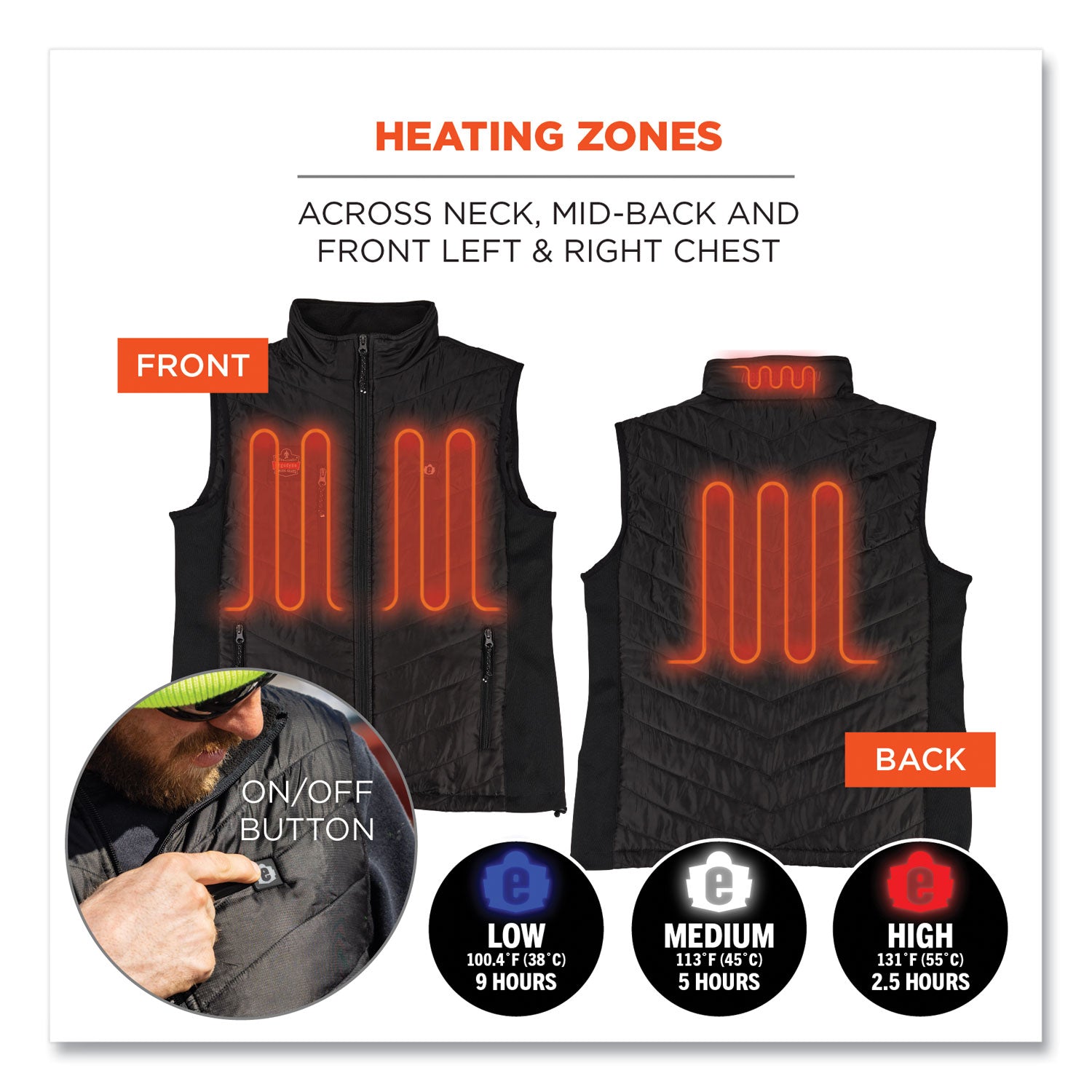 Ergodyne N-Ferno 6495 Rechargeable Heated Vest, XX-Large, 50" Waist, Black, 5 Pockets, Insulated, Lightweight, Breathable, Adjustable, Machine Washable, Wind Resistant, 1 Each