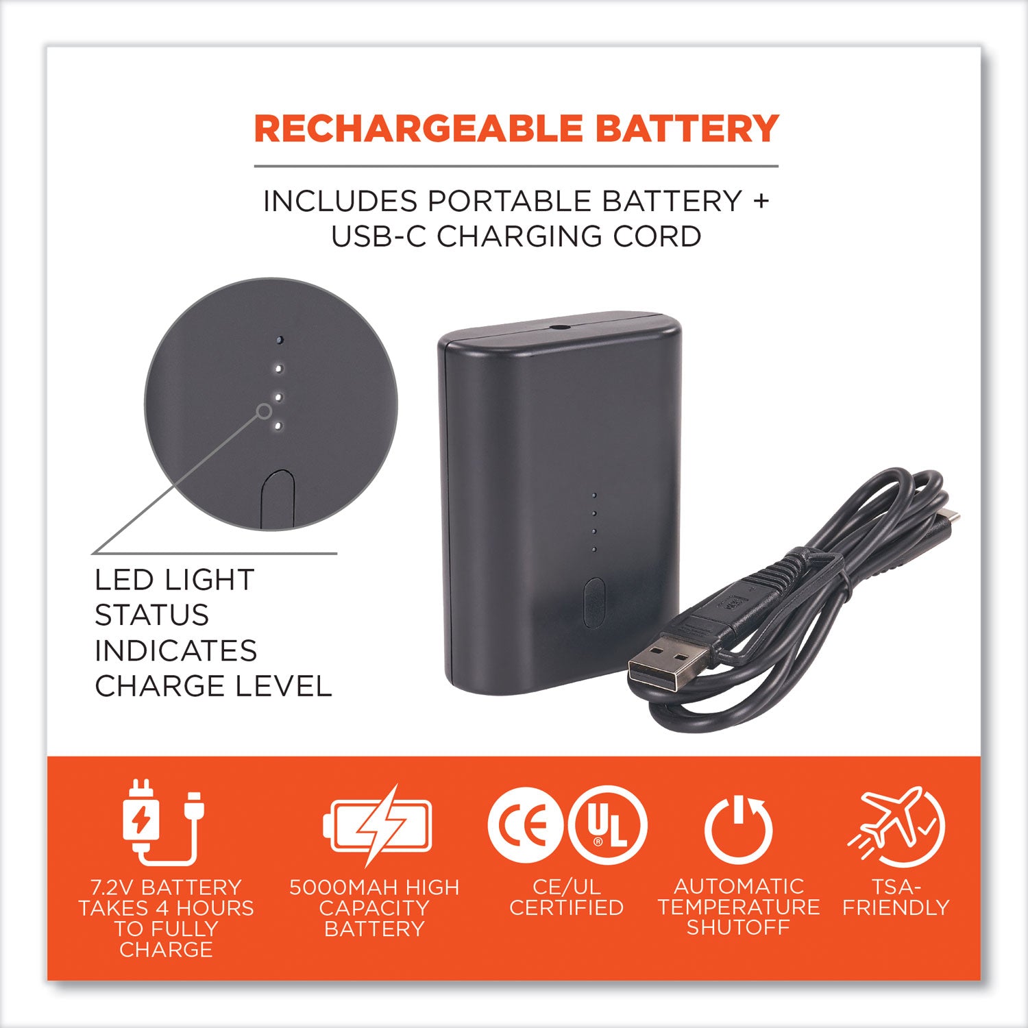 For Heated Vest - Lithium Ion (Li-Ion) - 5000 mAh - 36 W - 7.2 V DC Output - Black