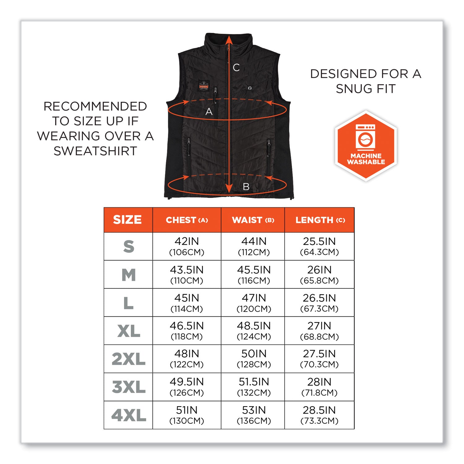 Ergodyne N-Ferno 6495 Rechargeable Heated Vest, XX-Large, 50" Waist, Black, 5 Pockets, Insulated, Lightweight, Breathable, Adjustable, Machine Washable, Wind Resistant, 1 Each