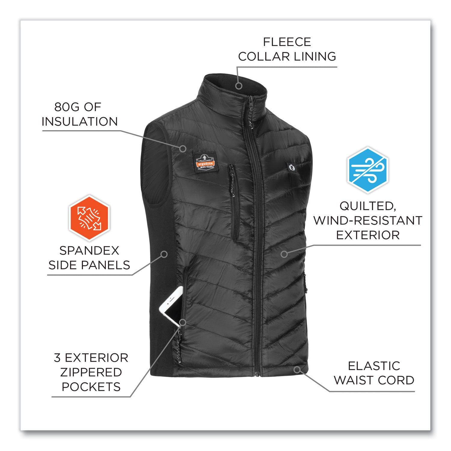 Ergodyne N-Ferno 6495 Rechargeable Heated Vest, XX-Large, 50" Waist, Black, 5 Pockets, Insulated, Lightweight, Breathable, Adjustable, Machine Washable, Wind Resistant, 1 Each