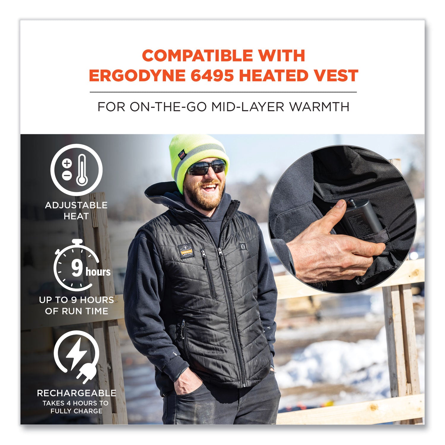 For Heated Vest - Lithium Ion (Li-Ion) - 5000 mAh - 36 W - 7.2 V DC Output - Black