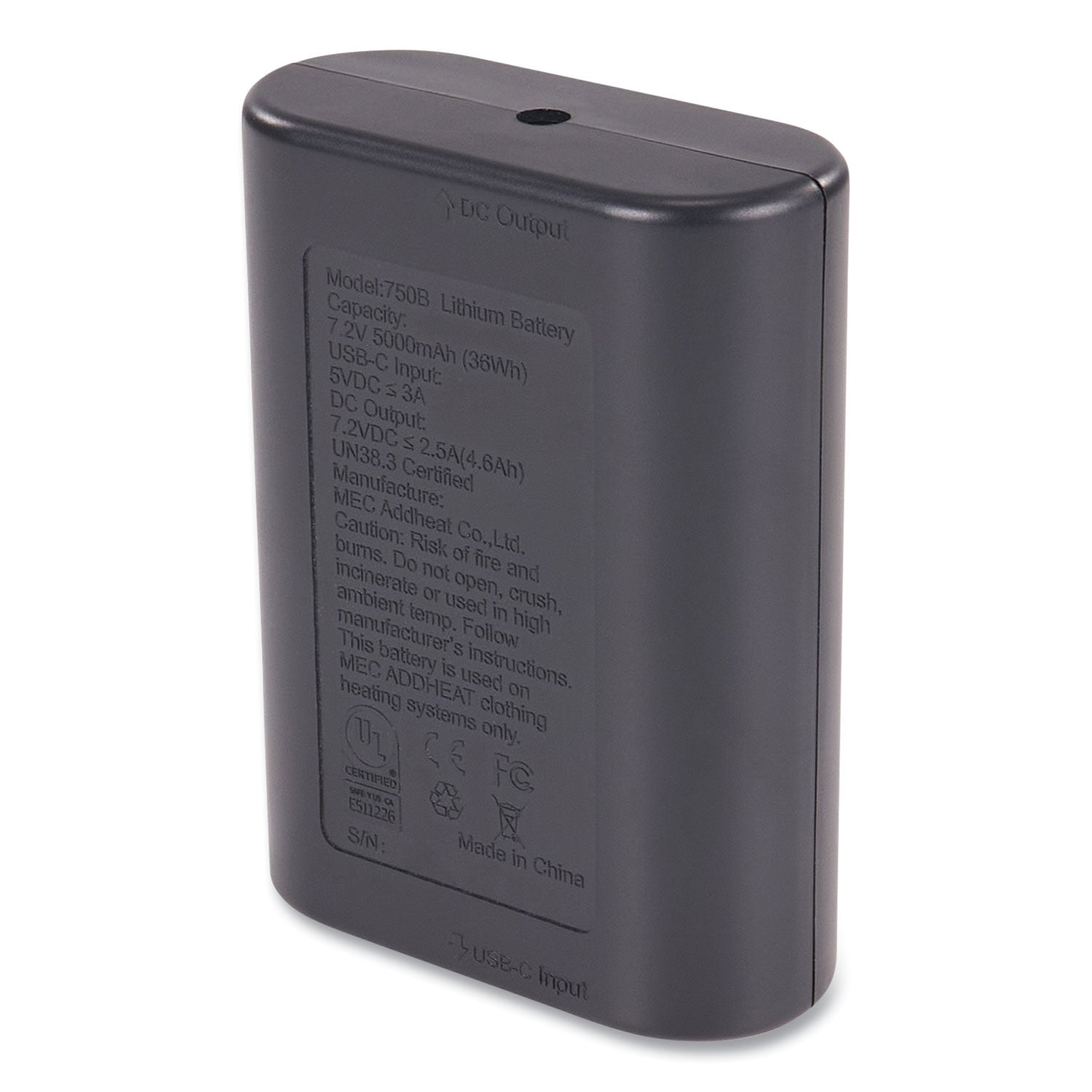 For Heated Vest - Lithium Ion (Li-Ion) - 5000 mAh - 36 W - 7.2 V DC Output - Black