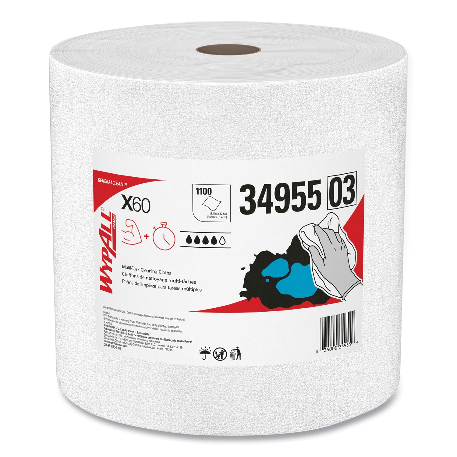 Wypall GeneralClean X60 Multi-Task Cleaning Cloth Jumbo Roll, White, 12.20" x 12.40", 1100 Cloths per Roll, Absorbent, Lightweight, Solvent Resistant, Wet Strength, Residue-Free