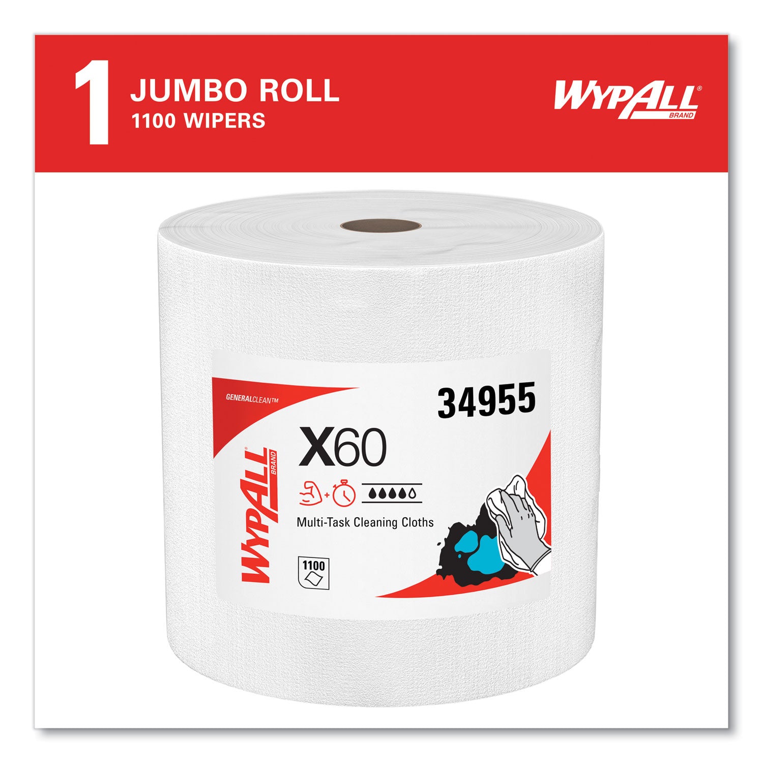 Wypall GeneralClean X60 Multi-Task Cleaning Cloth Jumbo Roll, White, 12.20" x 12.40", 1100 Cloths per Roll, Absorbent, Lightweight, Solvent Resistant, Wet Strength, Residue-Free