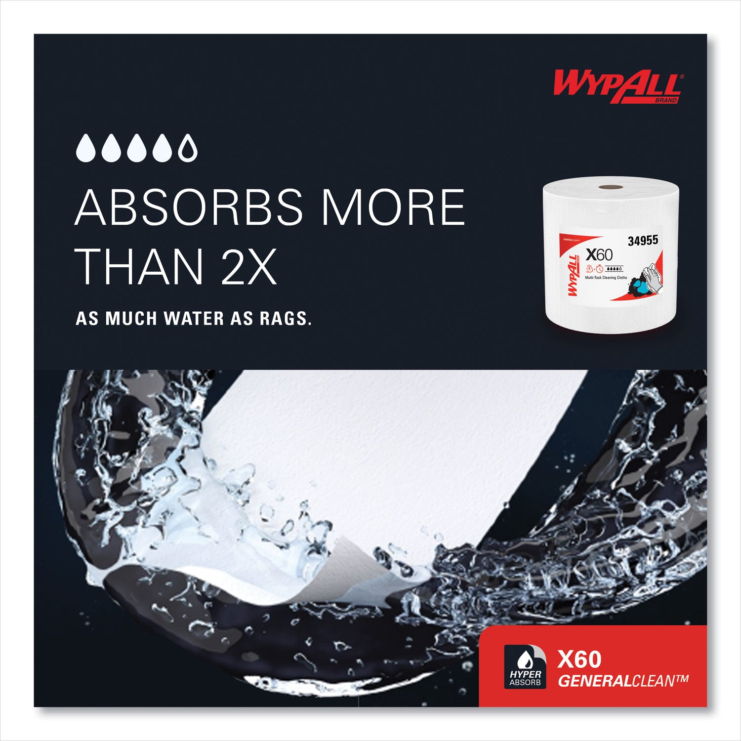 Wypall GeneralClean X60 Multi-Task Cleaning Cloth Jumbo Roll, White, 12.20" x 12.40", 1100 Cloths per Roll, Absorbent, Lightweight, Solvent Resistant, Wet Strength, Residue-Free