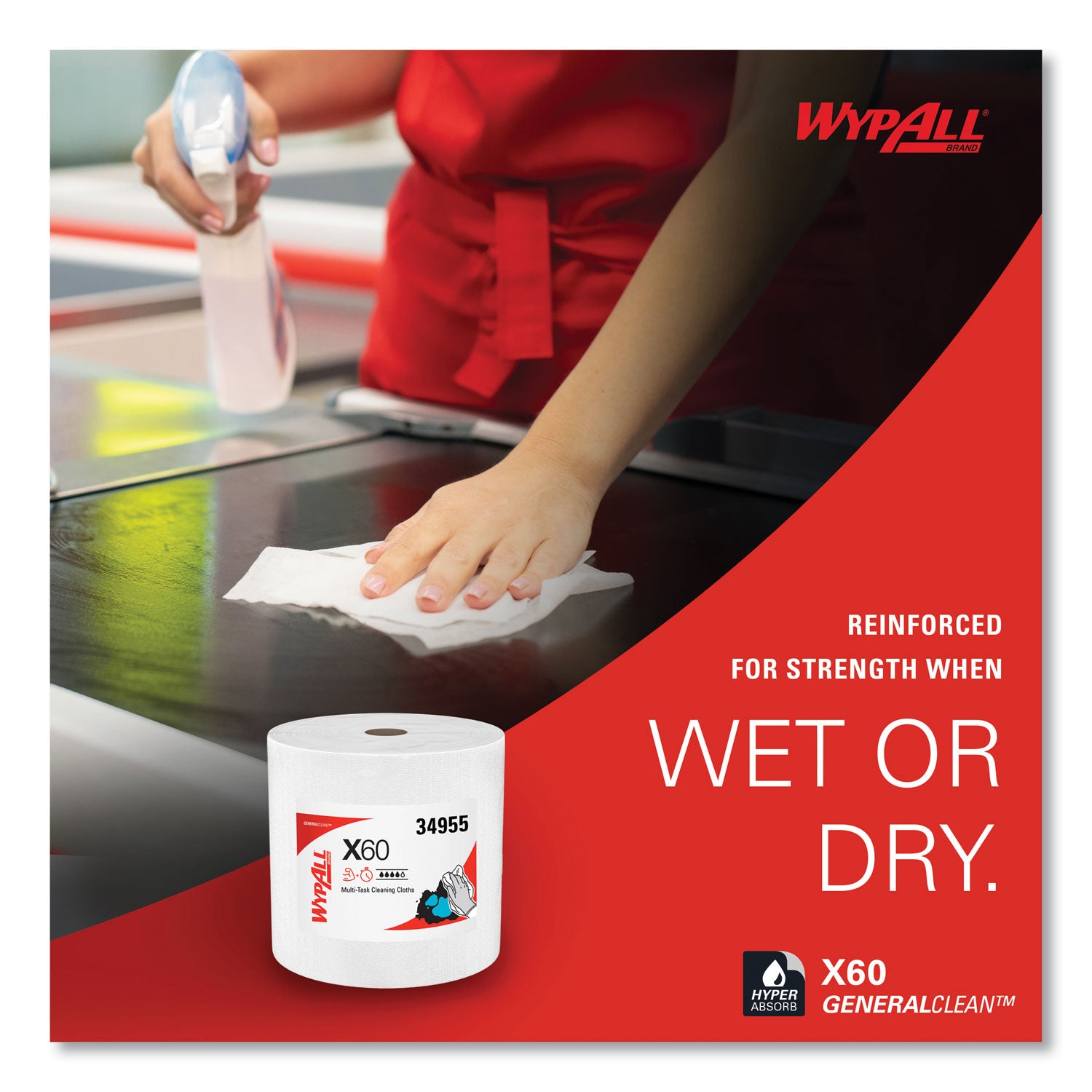 Wypall GeneralClean X60 Multi-Task Cleaning Cloth Jumbo Roll, White, 12.20" x 12.40", 1100 Cloths per Roll, Absorbent, Lightweight, Solvent Resistant, Wet Strength, Residue-Free