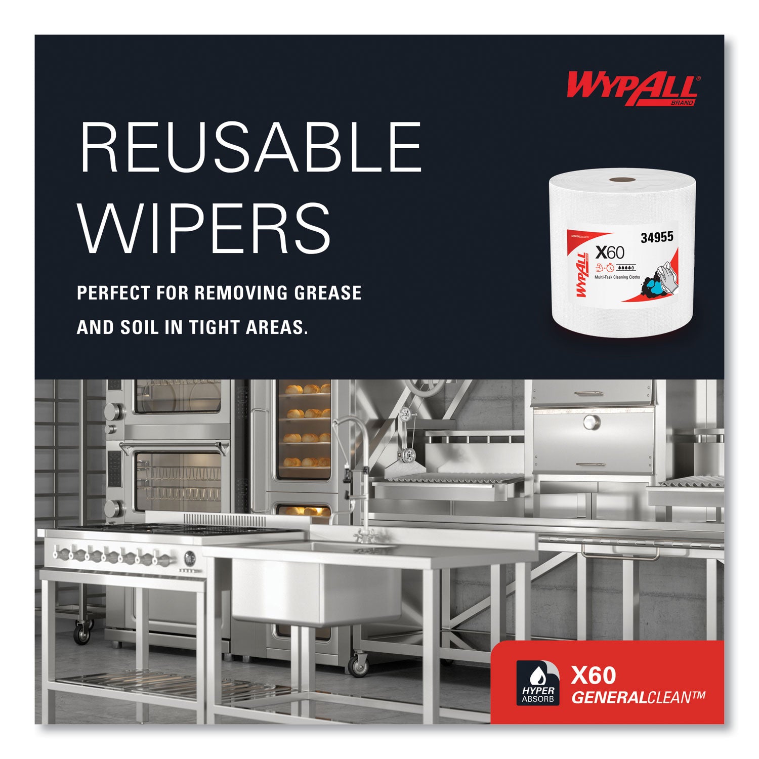 Wypall GeneralClean X60 Multi-Task Cleaning Cloth Jumbo Roll, White, 12.20" x 12.40", 1100 Cloths per Roll, Absorbent, Lightweight, Solvent Resistant, Wet Strength, Residue-Free