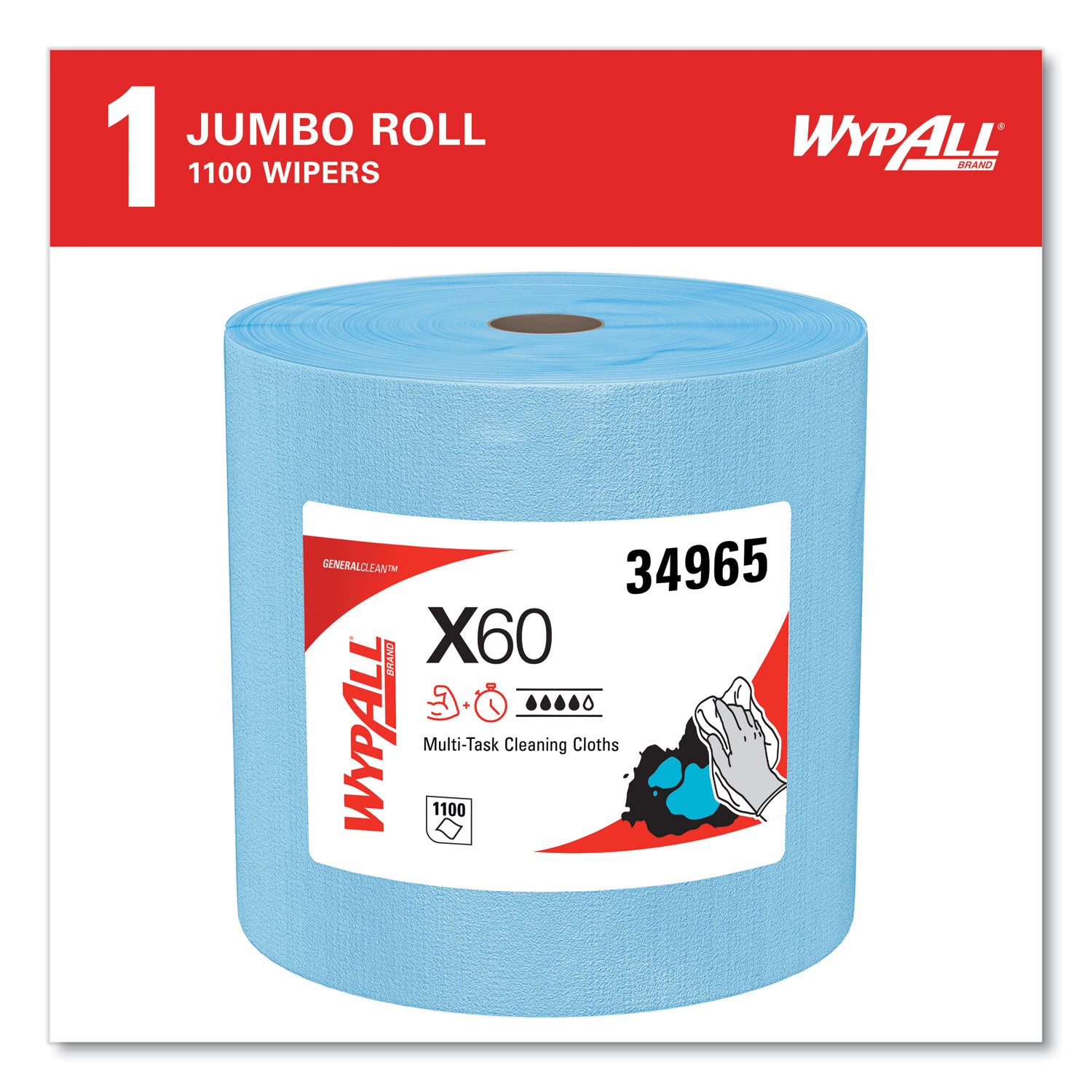 Wypall GeneralClean X60 Multi-Task Cleaning Cloth Jumbo Roll - 12.20" Length x 12.40" Width - Recommended For: Adhesive Remover, Lubricant Remover - Lightweight, Reinforced - Blue - 1 Roll