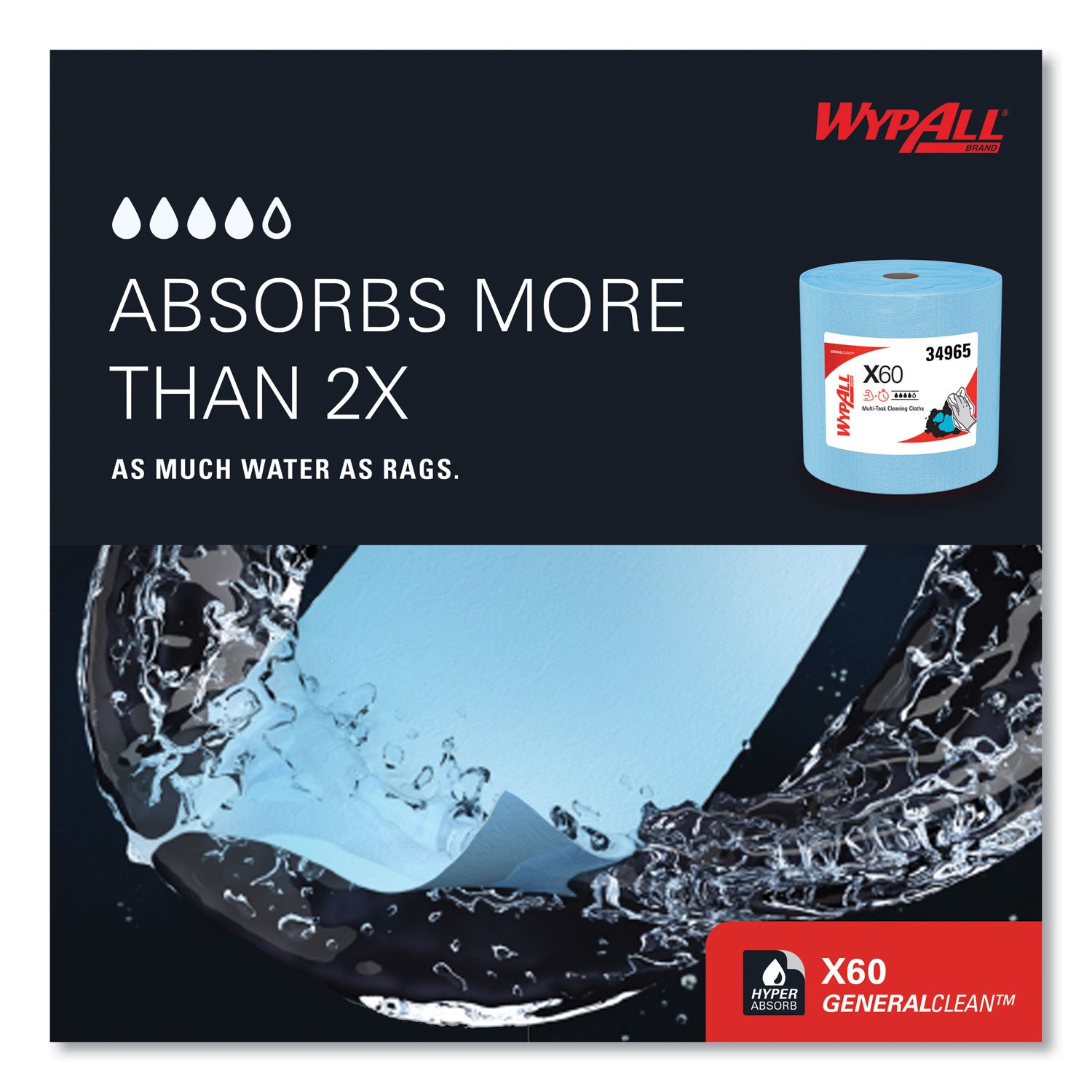 Wypall GeneralClean X60 Multi-Task Cleaning Cloth Jumbo Roll - 12.20" Length x 12.40" Width - Recommended For: Adhesive Remover, Lubricant Remover - Lightweight, Reinforced - Blue - 1 Roll