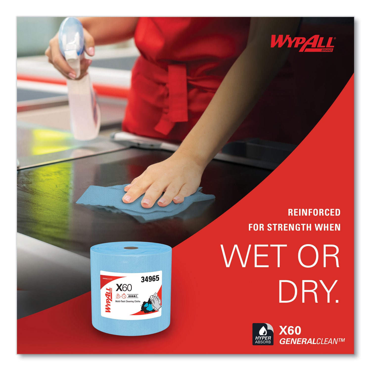 Wypall GeneralClean X60 Multi-Task Cleaning Cloth Jumbo Roll - 12.20" Length x 12.40" Width - Recommended For: Adhesive Remover, Lubricant Remover - Lightweight, Reinforced - Blue - 1 Roll