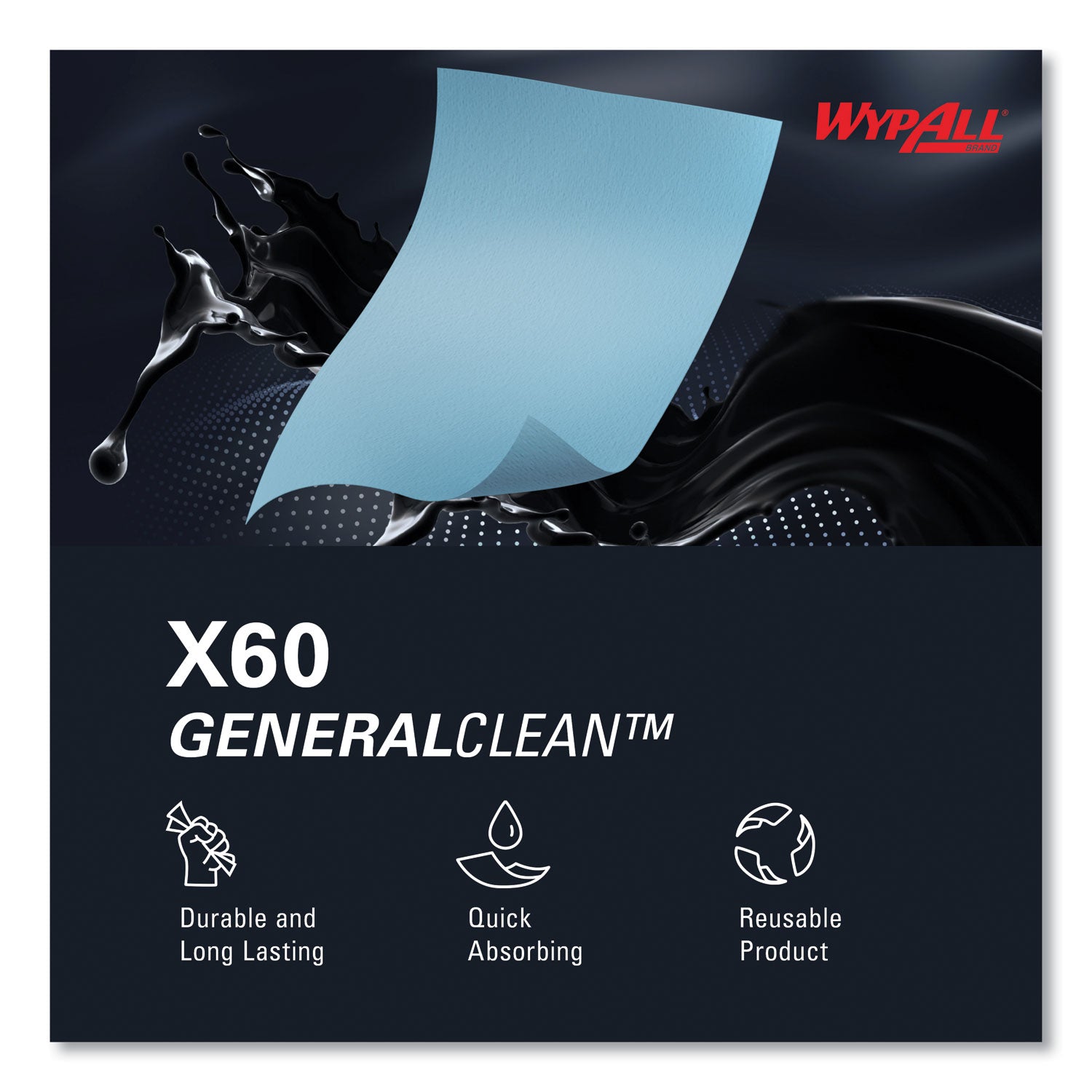 Wypall GeneralClean X60 Multi-Task Cleaning Cloth Jumbo Roll - 12.20" Length x 12.40" Width - Recommended For: Adhesive Remover, Lubricant Remover - Lightweight, Reinforced - Blue - 1 Roll