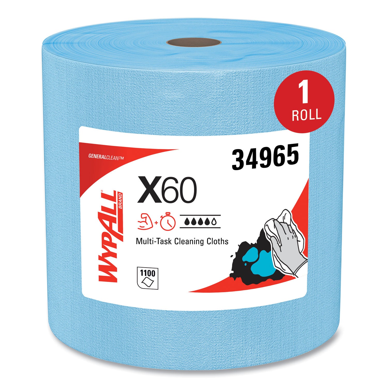 Wypall GeneralClean X60 Multi-Task Cleaning Cloth Jumbo Roll - 12.20" Length x 12.40" Width - Recommended For: Adhesive Remover, Lubricant Remover - Lightweight, Reinforced - Blue - 1 Roll
