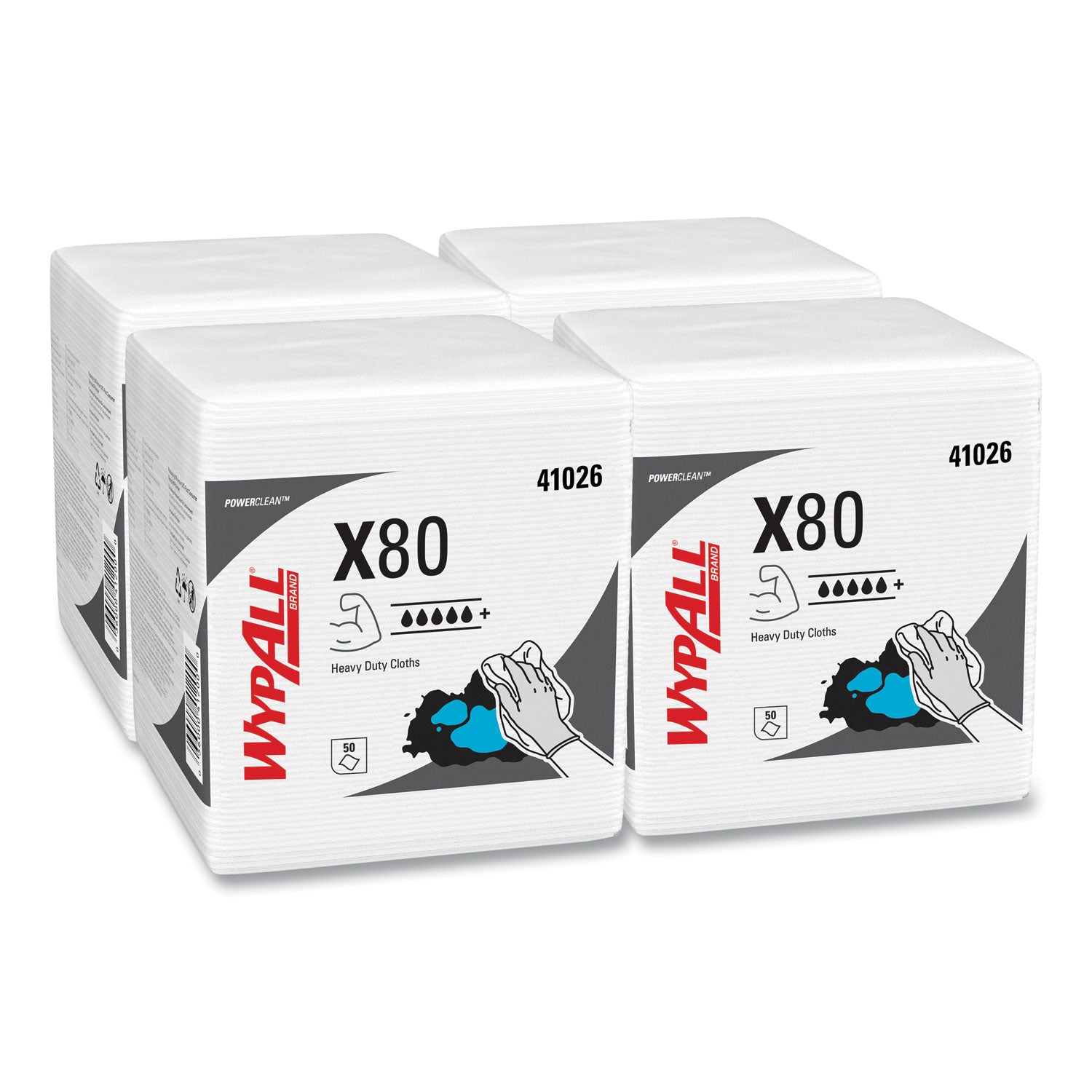 Wypall PowerClean X80 Heavy Duty Cloths, Quarter-fold, White, 12" x 12.5", 50 Cloths per Pack, 1 Carton
