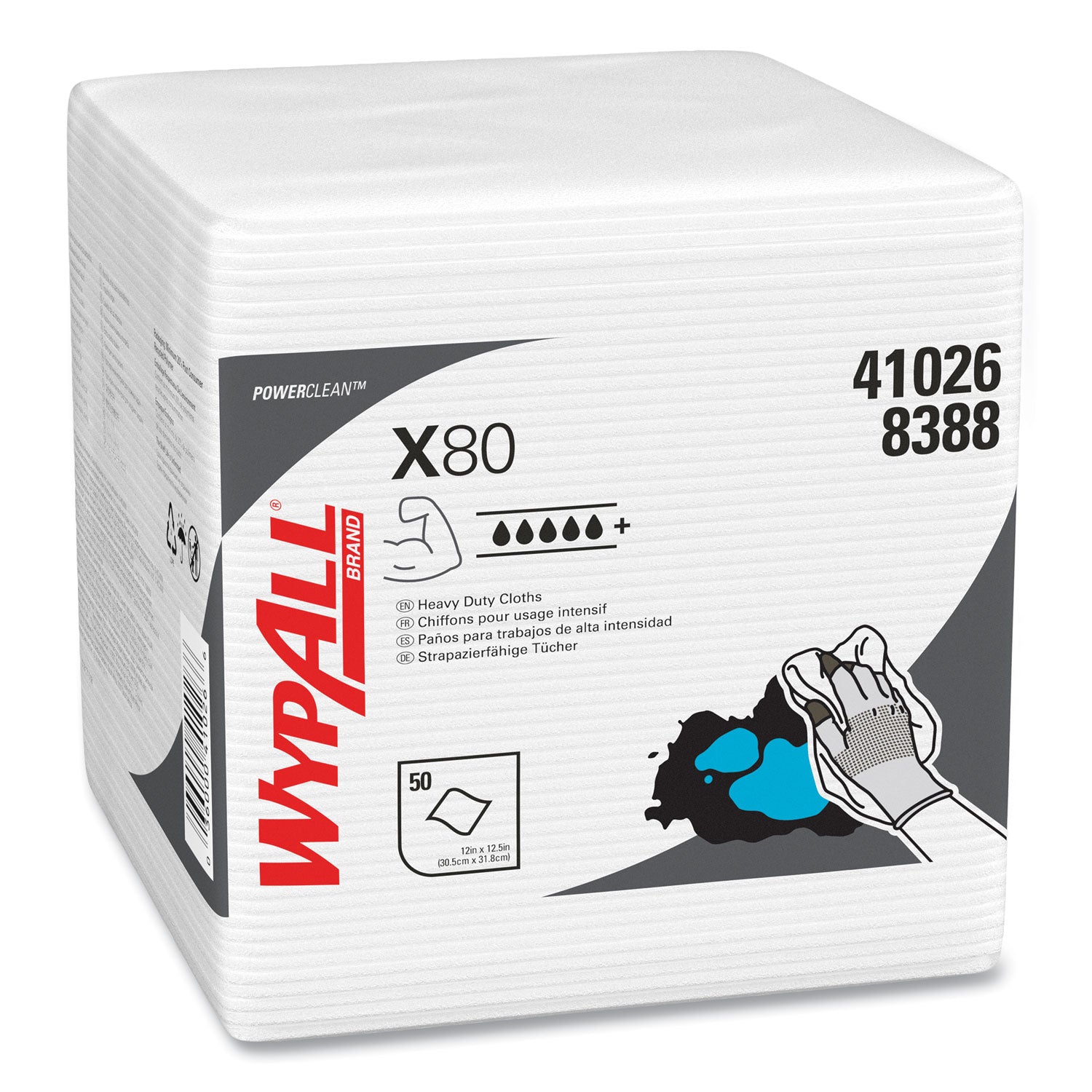 Wypall PowerClean X80 Heavy Duty Cloths, Quarter-fold, White, 12" x 12.5", 50 Cloths per Pack, 1 Carton