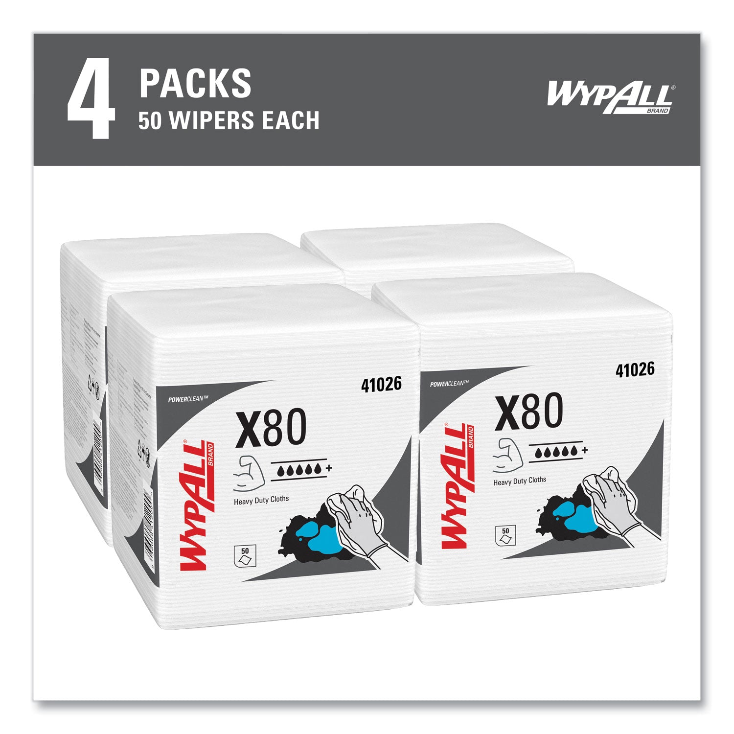 Wypall PowerClean X80 Heavy Duty Cloths, Quarter-fold, White, 12" x 12.5", 50 Cloths per Pack, 1 Carton