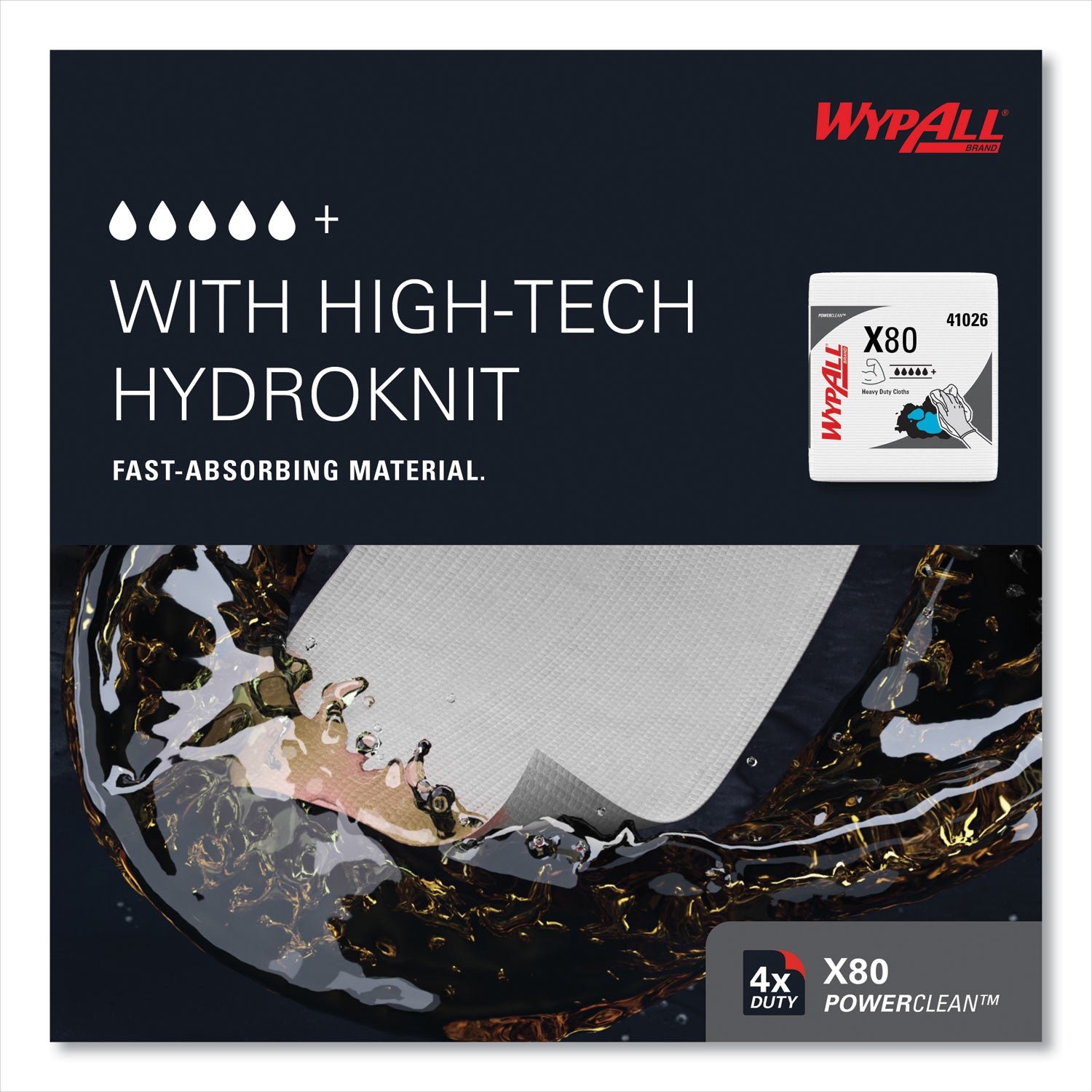 Wypall PowerClean X80 Heavy Duty Cloths, Quarter-fold, White, 12" x 12.5", 50 Cloths per Pack, 1 Carton
