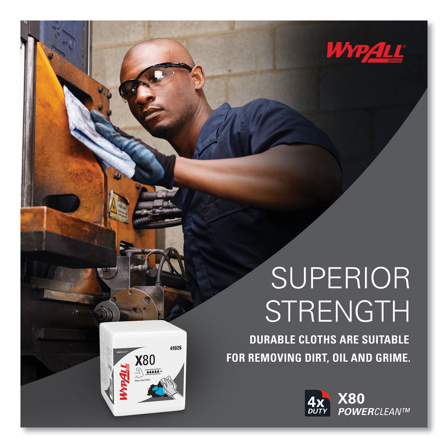 Wypall PowerClean X80 Heavy Duty Cloths, Quarter-fold, White, 12" x 12.5", 50 Cloths per Pack, 1 Carton