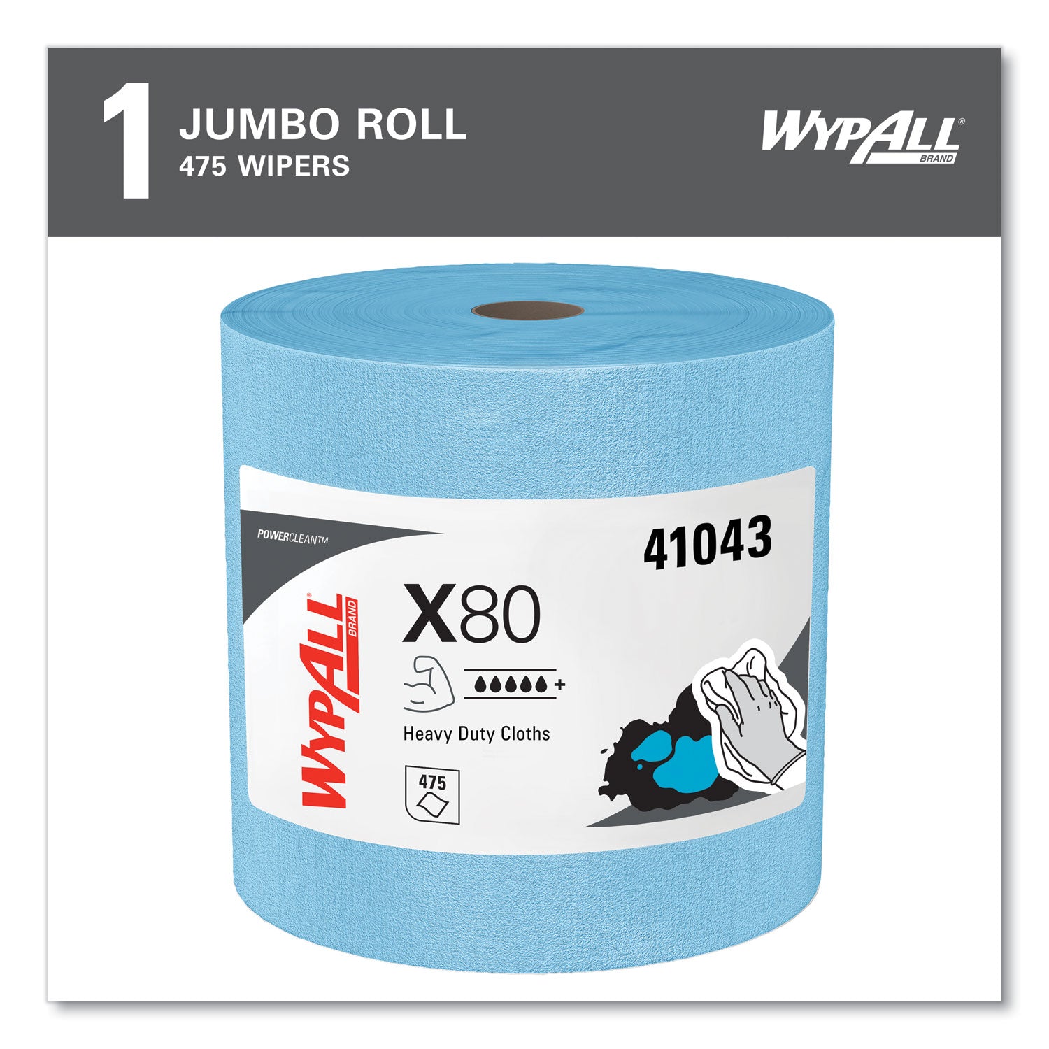 Wypall PowerClean X80 Heavy Duty Cloths Jumbo Roll - 12.50" Width x 12.20" Length - 475 Sheets/Roll - Blue - Cloth - 1 Each