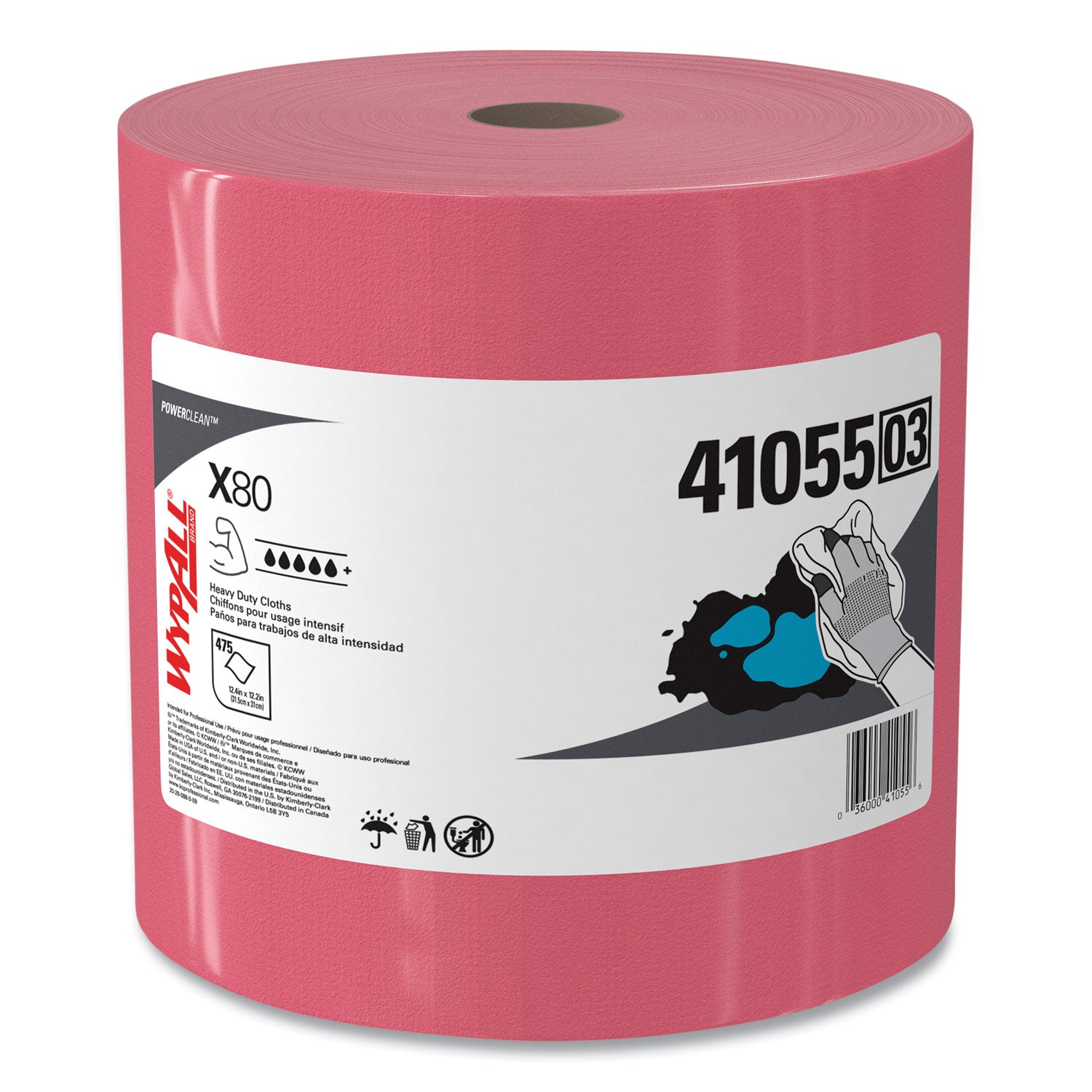 Wypall PowerClean X80 Heavy Duty Cloths Jumbo Roll - 12.50" Width x 12.20" Length - 475 Sheets/Roll - Red - 1 Carton